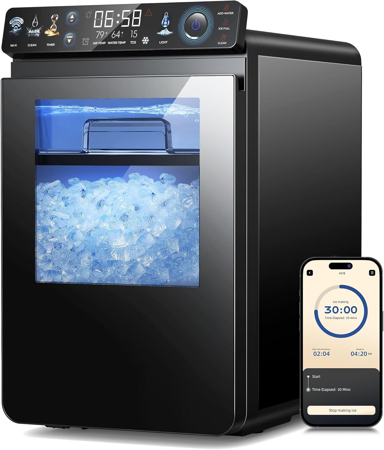 Nugget Ice Maker Countertop, Smart Pebble Ice Machine with APP Control, 44 lbs Per Day Soft Pellet Chewable Ice with Self-Cleaning, Stainless Steel