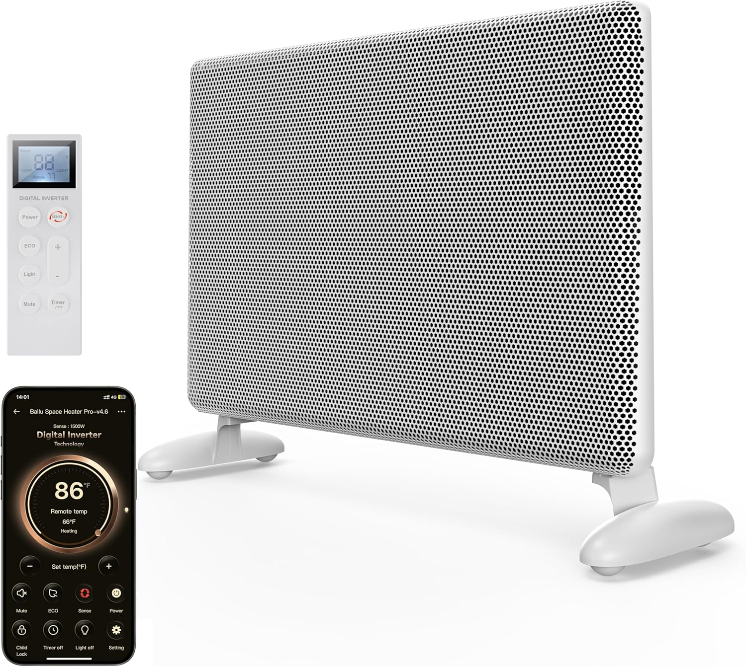 Ballu Mica Infrared Panel Space Heater for Large Room,Smart Quiet Heater with Programmable Thermostat,WiFi App Control,Inverter Energy Efficient for Indoor Use,Compatible with Alexa,White