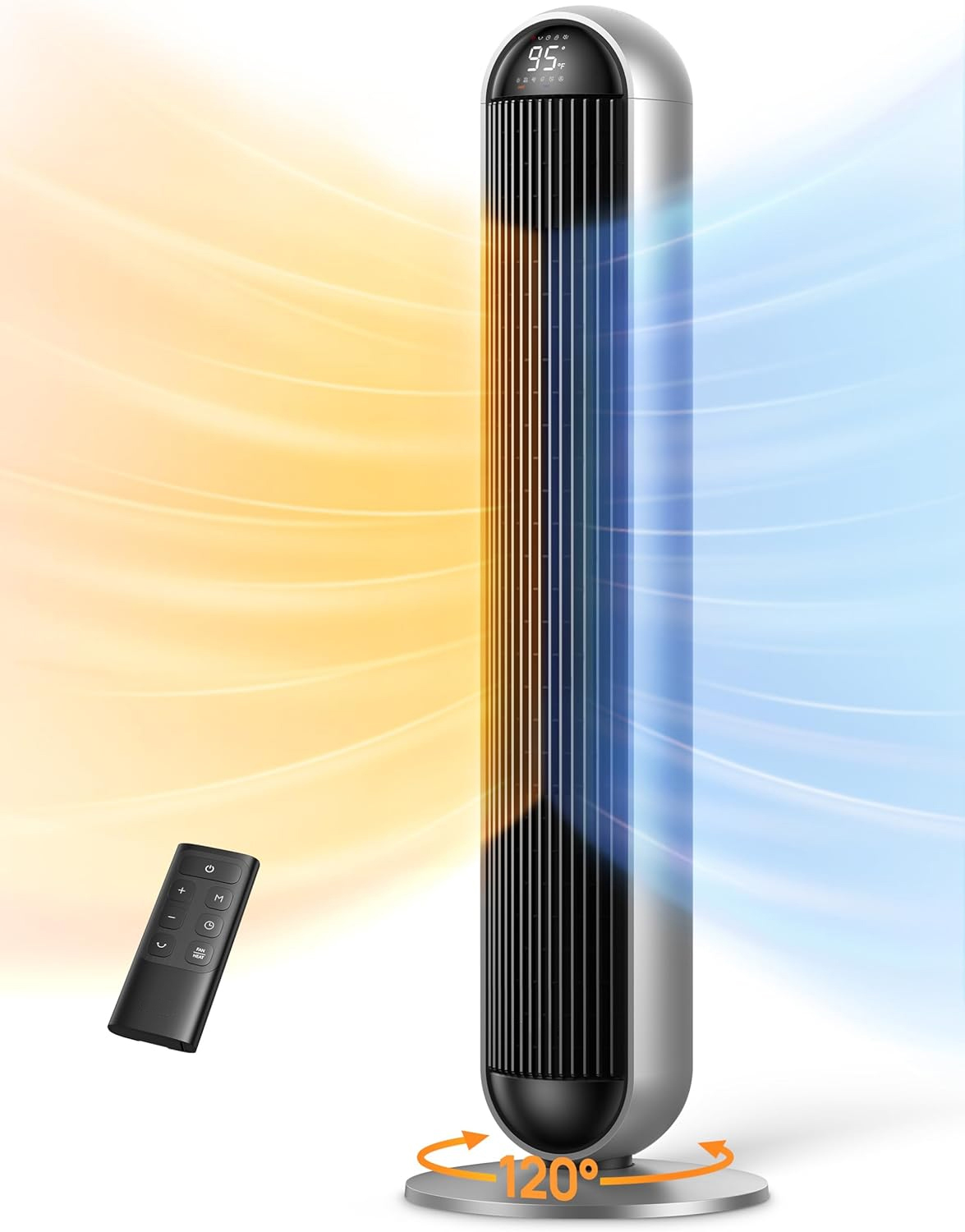 Tower Fan and Heater Combo 1500W, 42 Inch Space Heaters for Indoor Use, 17 Levels, 6 Modes, 120° Oscillation, 12H Timer, 25dB Quiet, with Remote, Heater for Office, Large Room, Silver