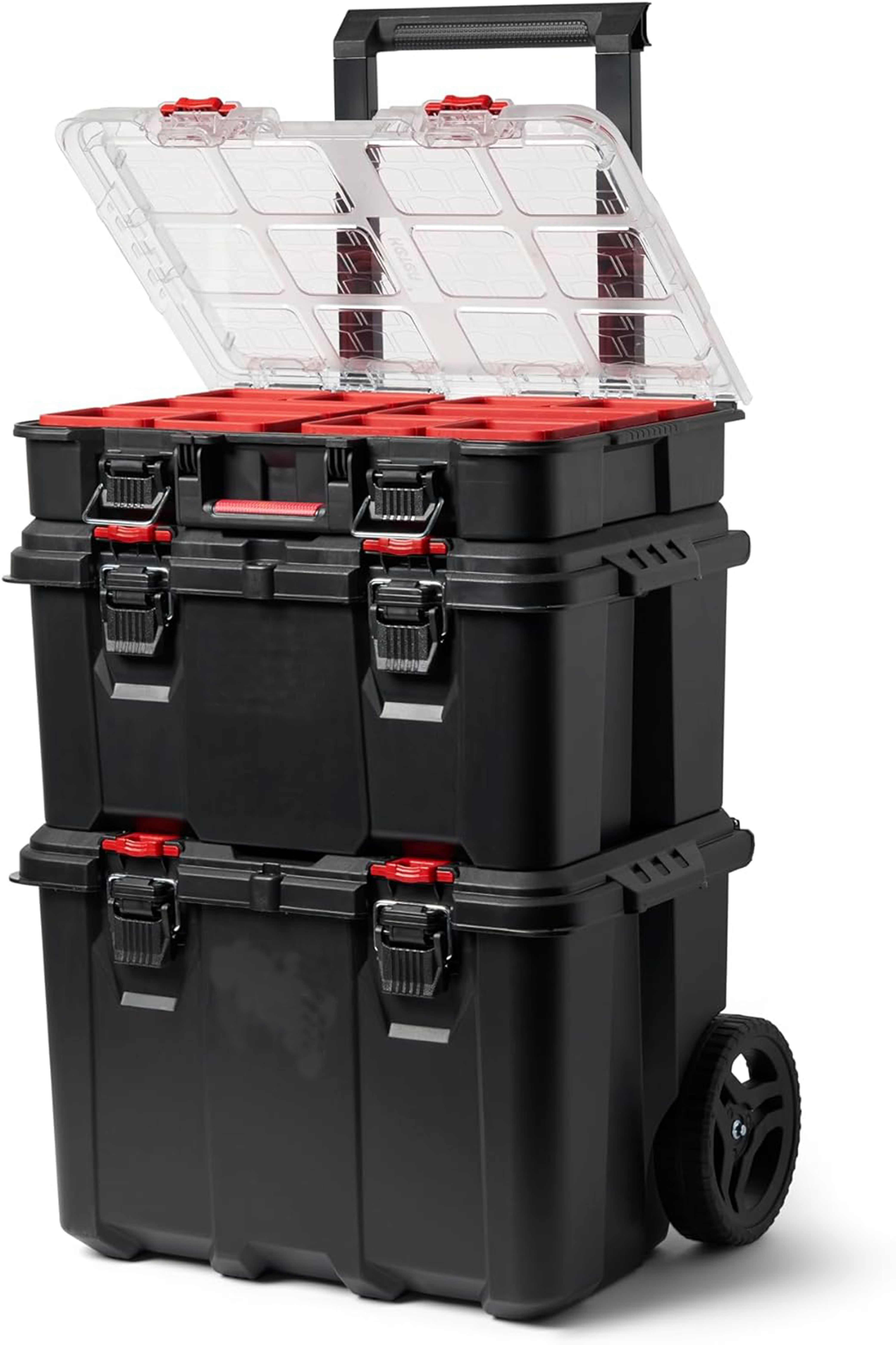 Stack-n-Roll 2.0 Modular Tools Organizer for Garage Storage and DIY, 3 Piece Resin Rolling Tool Box System for Small Parts, Black