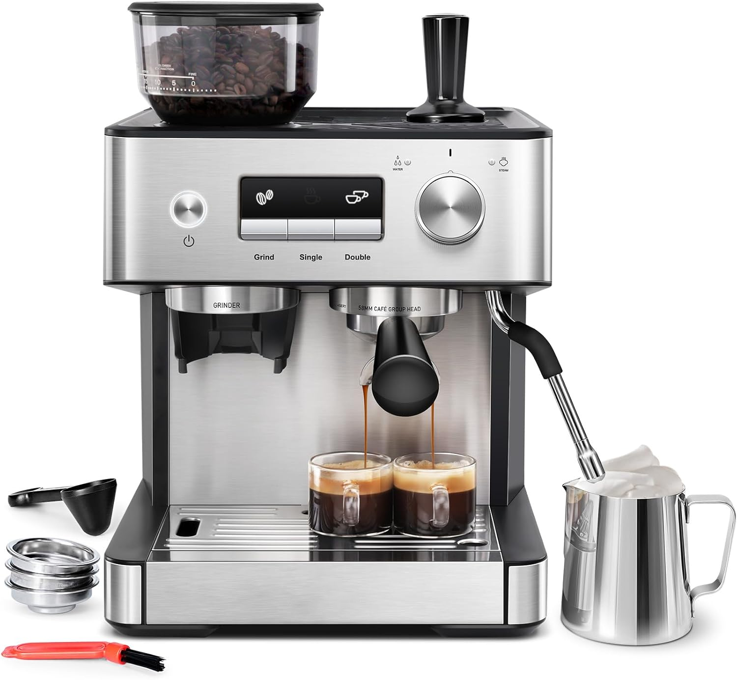 Espresso Machine with Grinder & Milk Frother, 20 Bar Professional Coffee Maker for Home, Removable Water Tank, Steam Wand, Perfect for Espresso, Cappuccino, Latte
