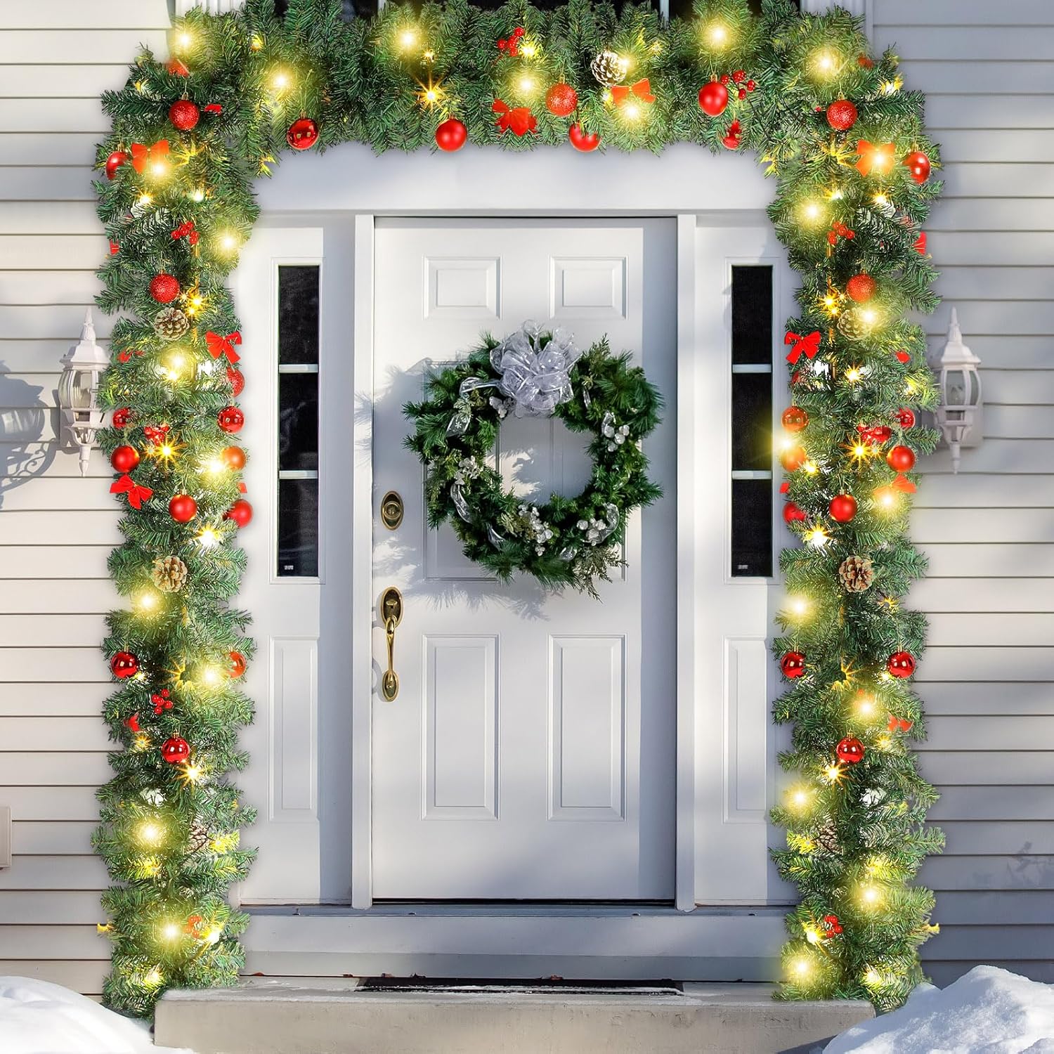 Ceenna Extra Long 30ft Christmas Garland with 200 LED Lights Artificial Pine Prelit Lighted Christmas Outdoor Indoor Decorations Xmas Holiday Stairs Railing Mantle Door Decor(Berry Bow Garland)