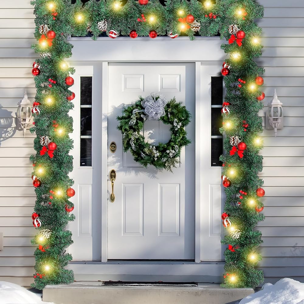 Ceenna Extra Long 30ft Christmas Garland with 200 LED Lights Artificial Pine Prelit Lighted Christmas Outdoor Indoor Decorations Xmas Holiday Stairs Railing Mantle Door Decor(Berry Bow Garland)