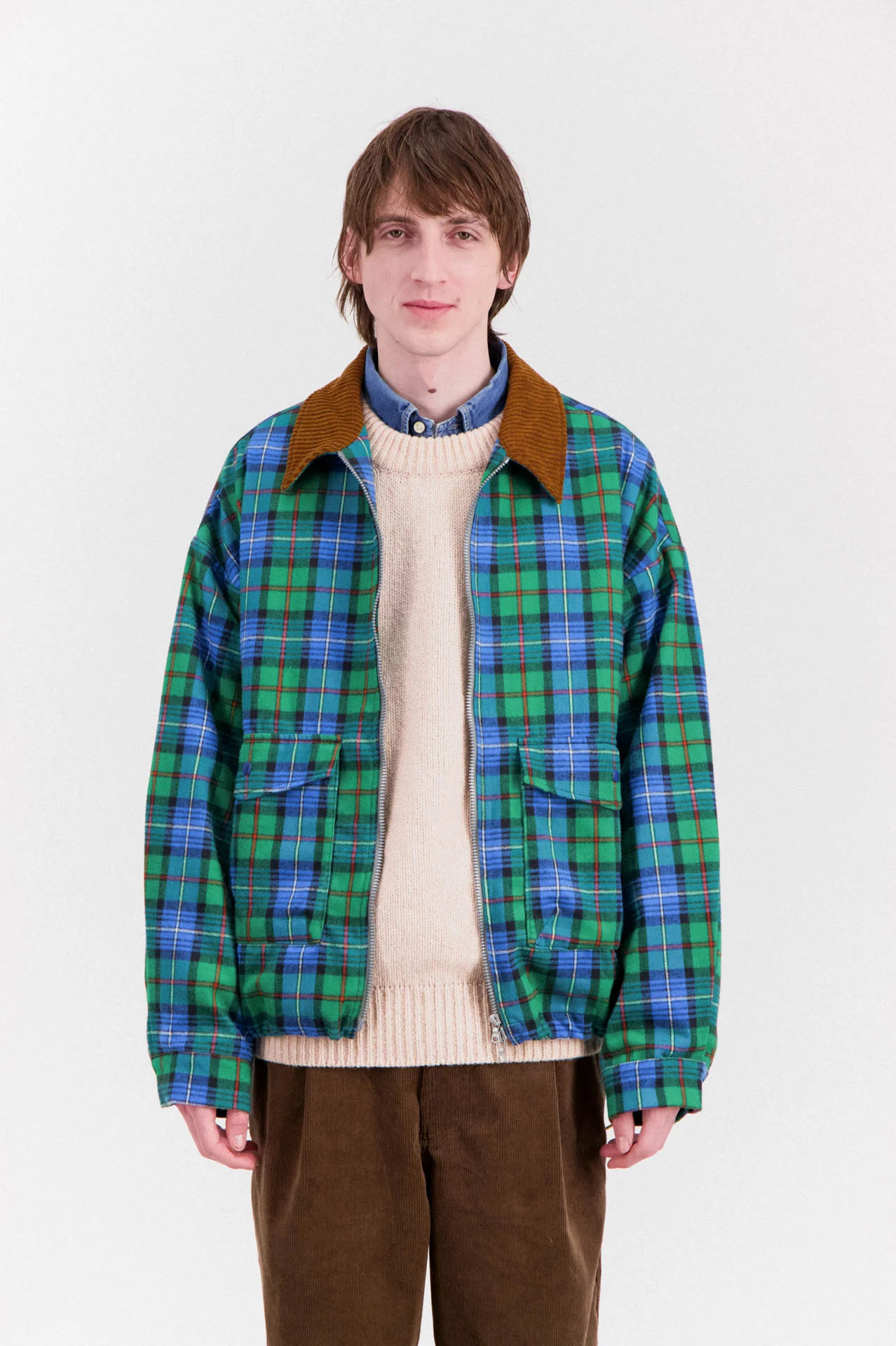 Boxy Swing Jacket - Cord Neck - Tartan - Blue