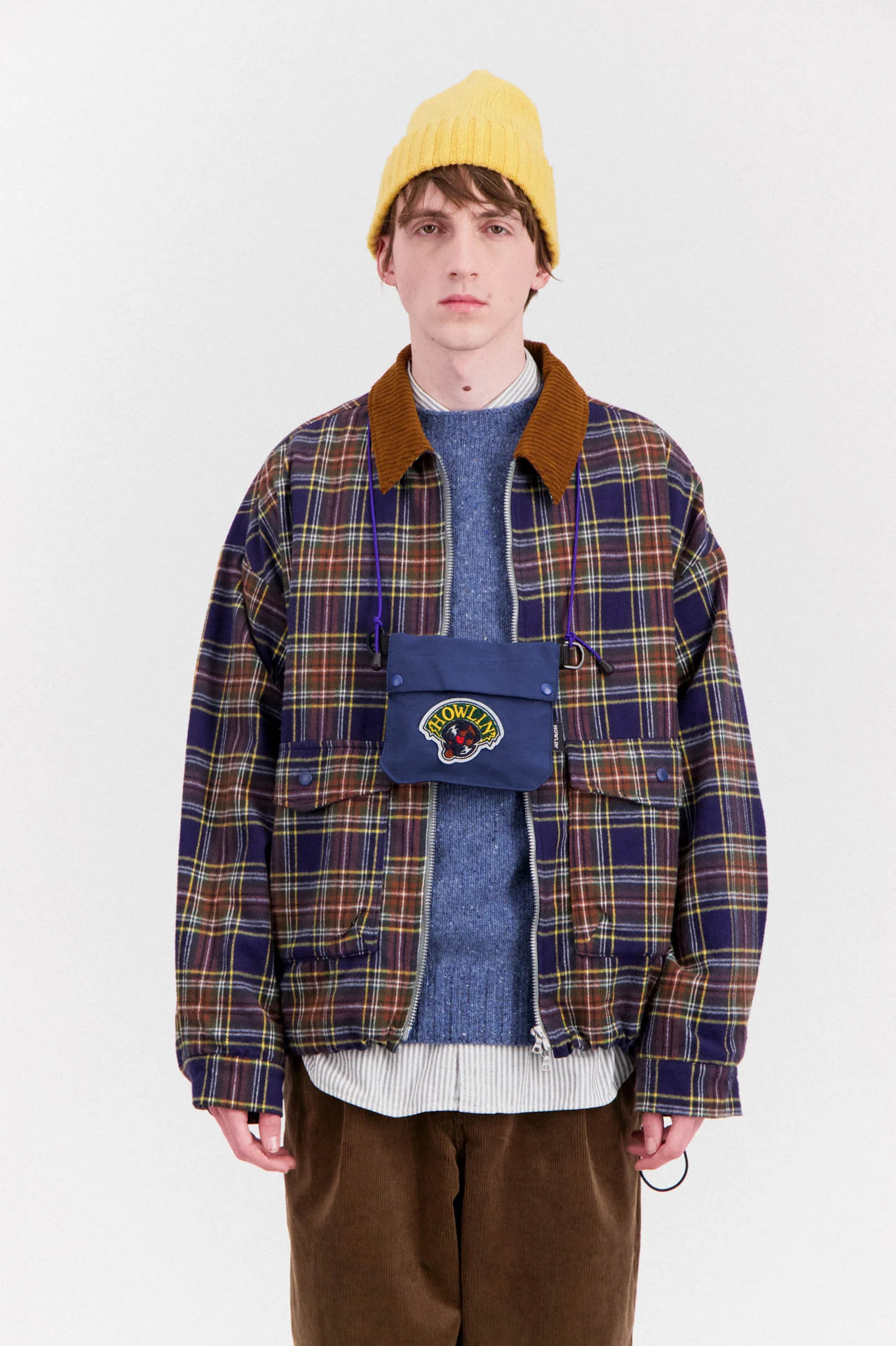 Boxy Swing Jacket - Cord Neck - Tartan - Navy