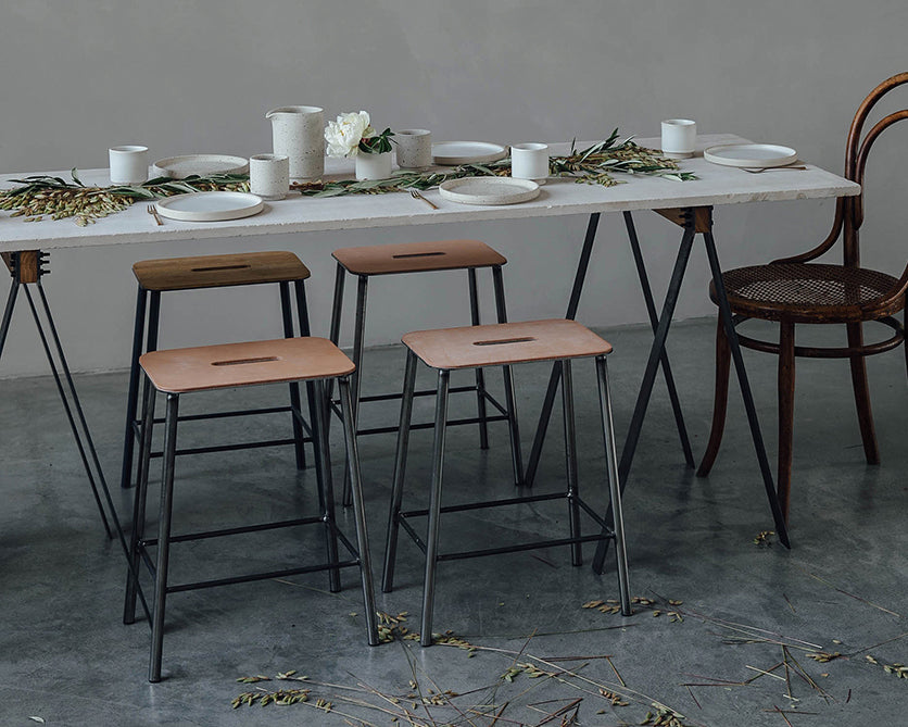 Adam Stool | Raw Steel / Natural Leather | H50