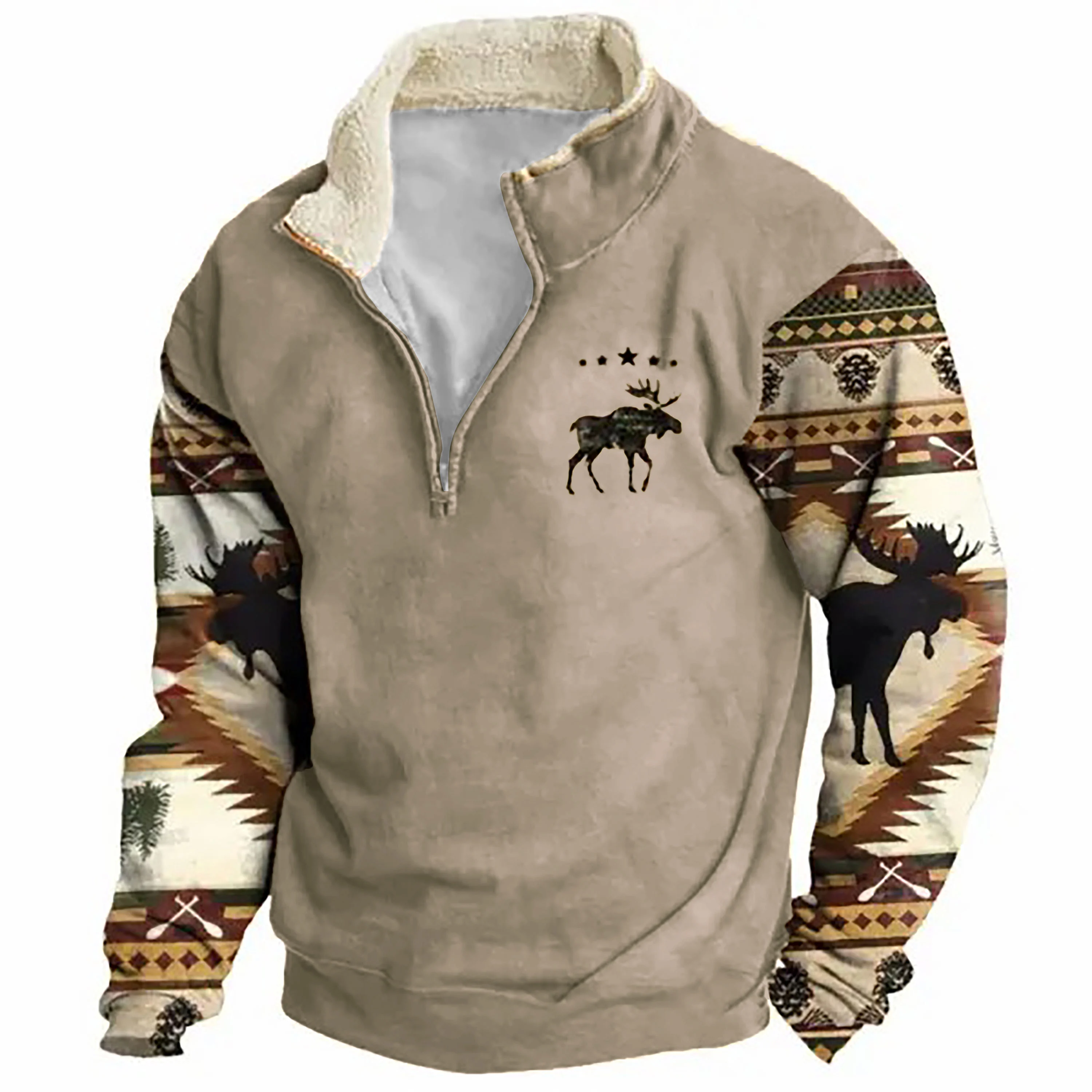 Herren Sweatshirt Retro Moose Creek Ethno Print Plüsch Halboffener Kragen Pullover