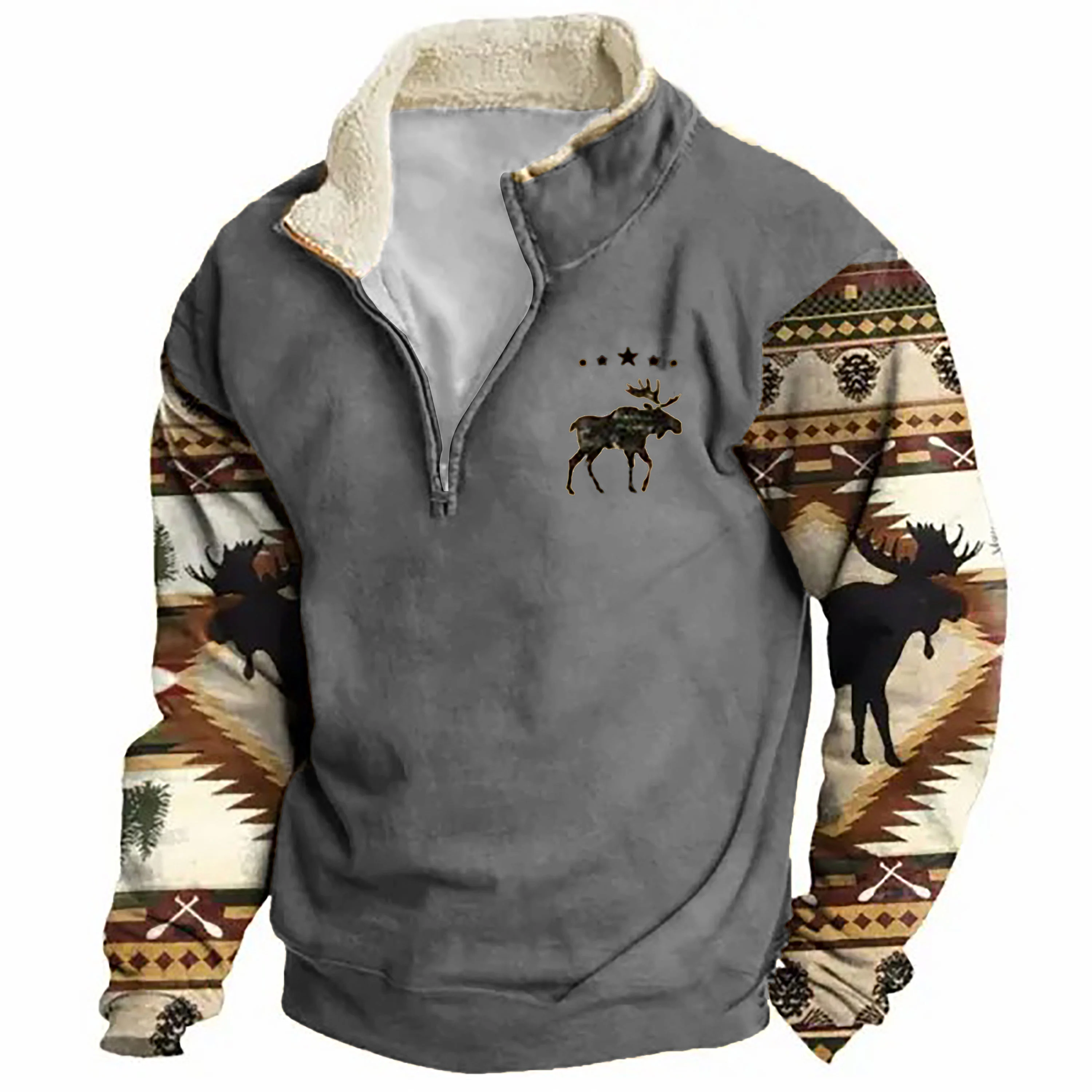Herren Sweatshirt Retro Moose Creek Ethno Print Plüsch Halboffener Kragen Pullover
