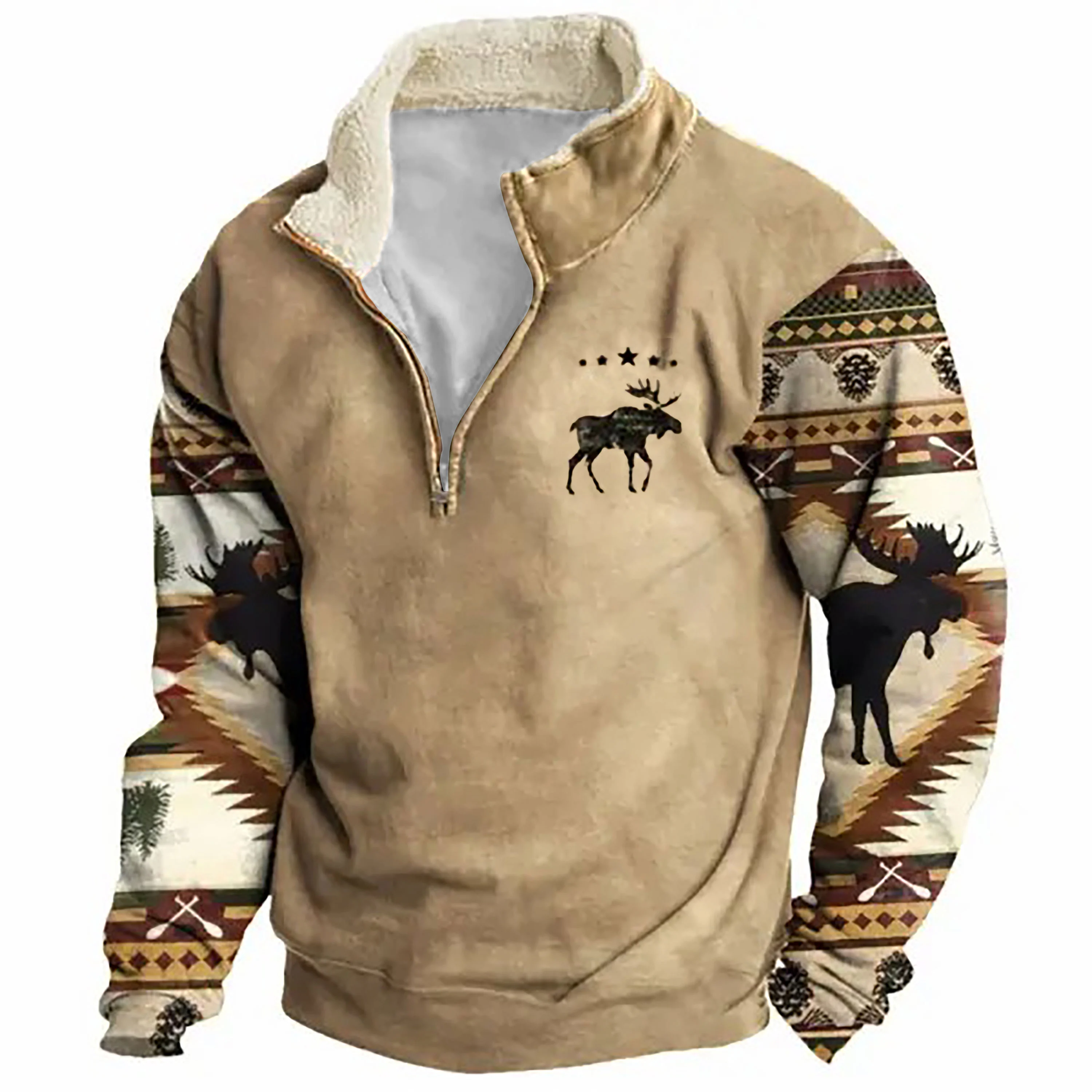 Herren Sweatshirt Retro Moose Creek Ethno Print Plüsch Halboffener Kragen Pullover