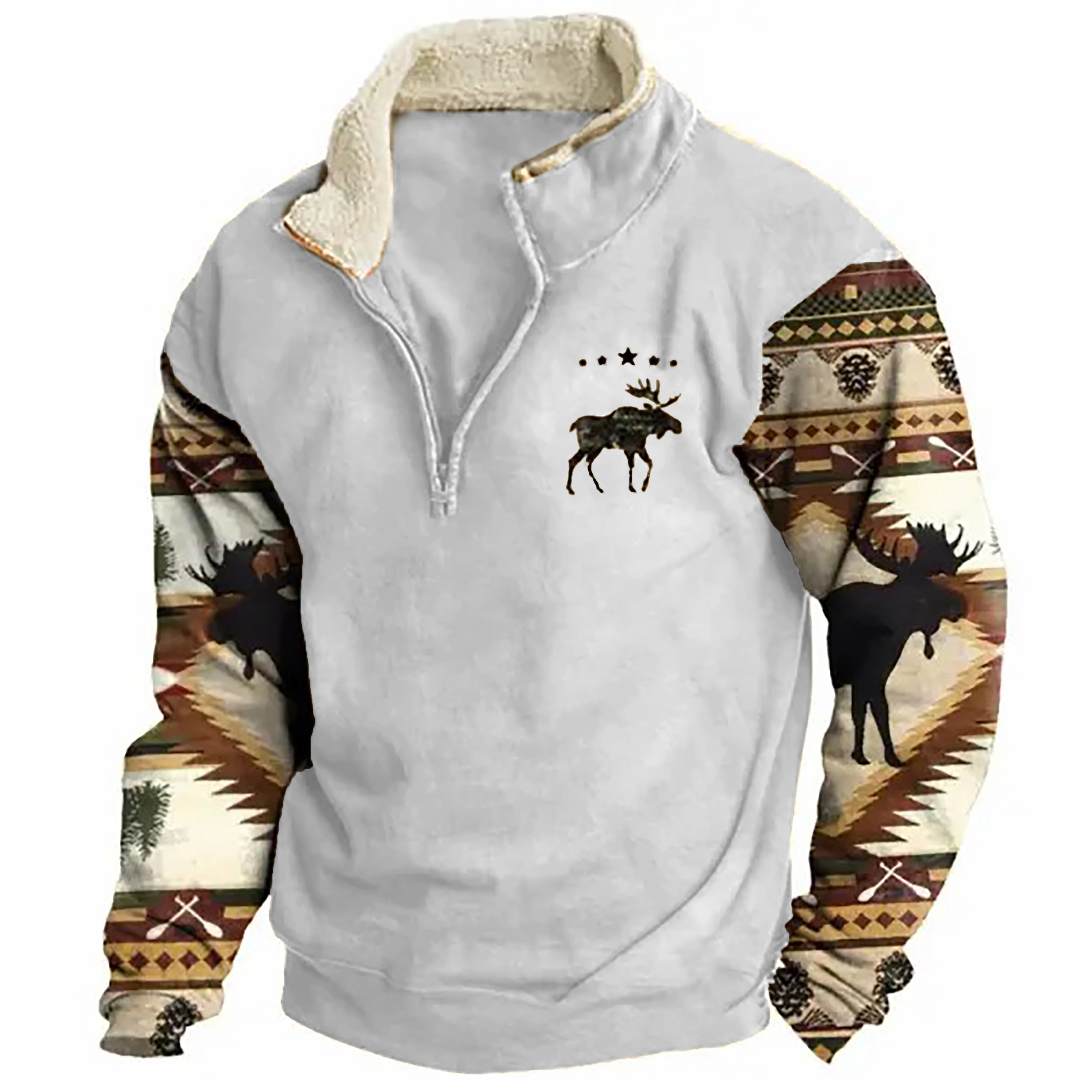Herren Sweatshirt Retro Moose Creek Ethno Print Plüsch Halboffener Kragen Pullover