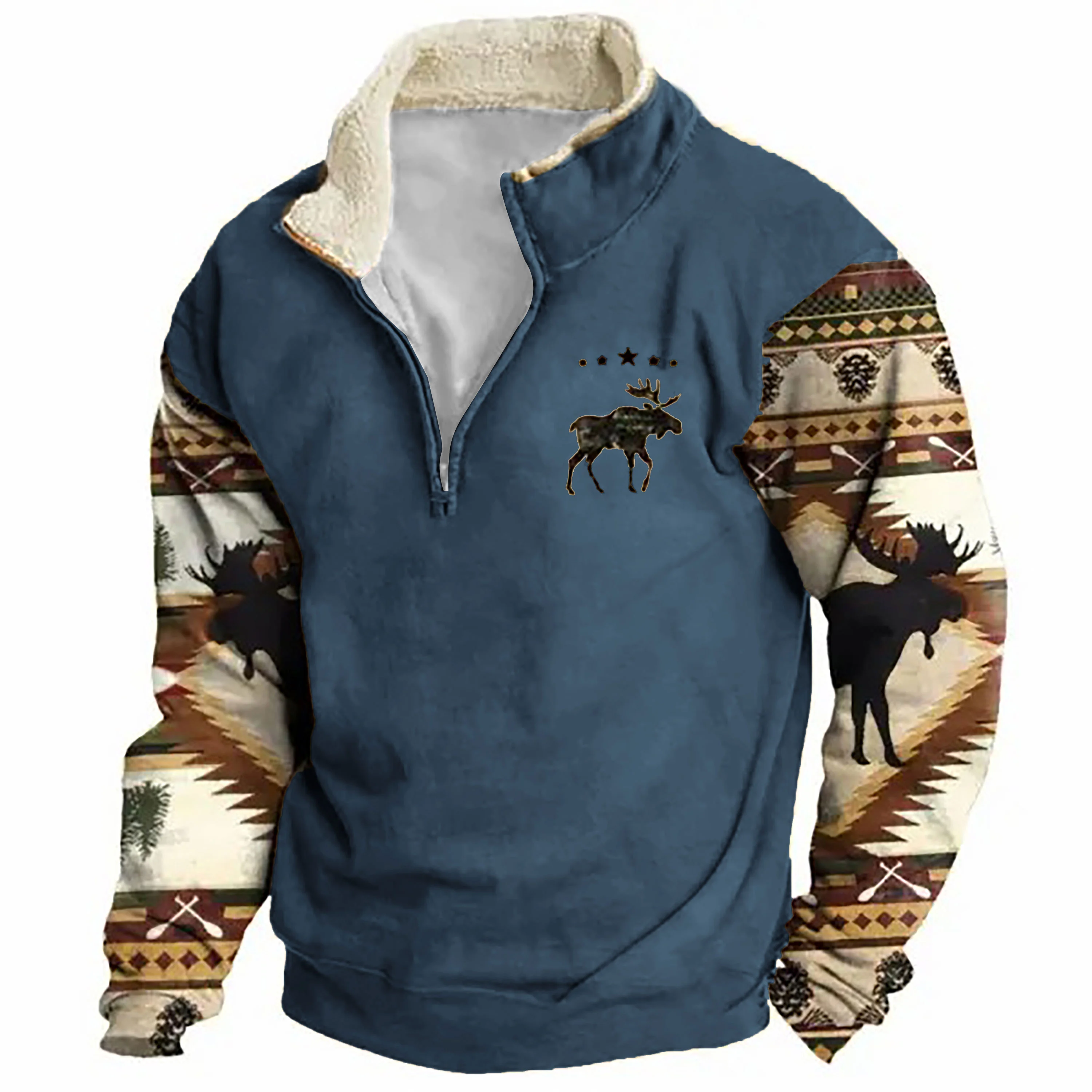 Herren Sweatshirt Retro Moose Creek Ethno Print Plüsch Halboffener Kragen Pullover