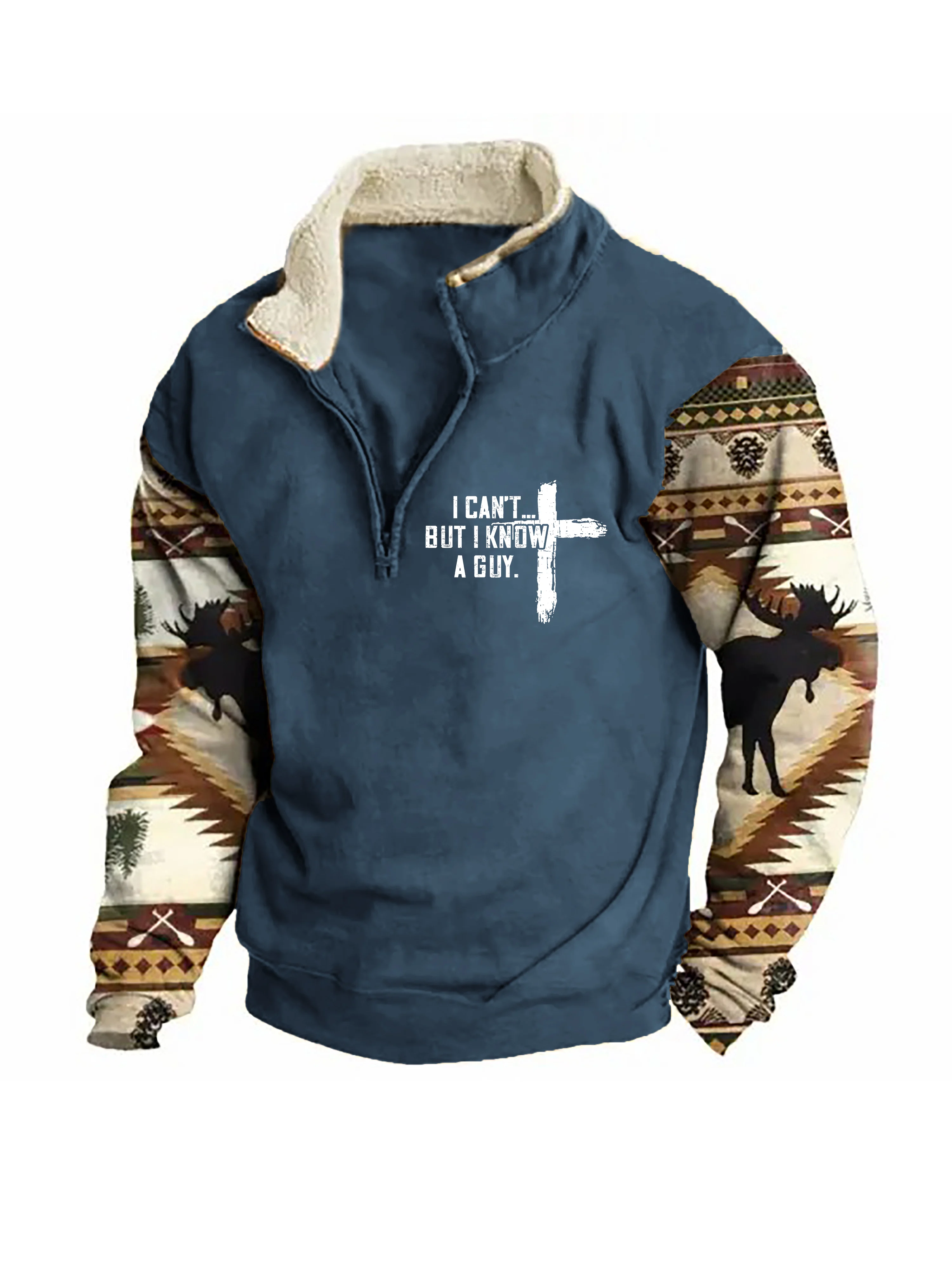 Sweatshirt mit Reißverschluss und Stehkragen „I Can't But I Know A Guy“ für Herren in Farbblock-Optik