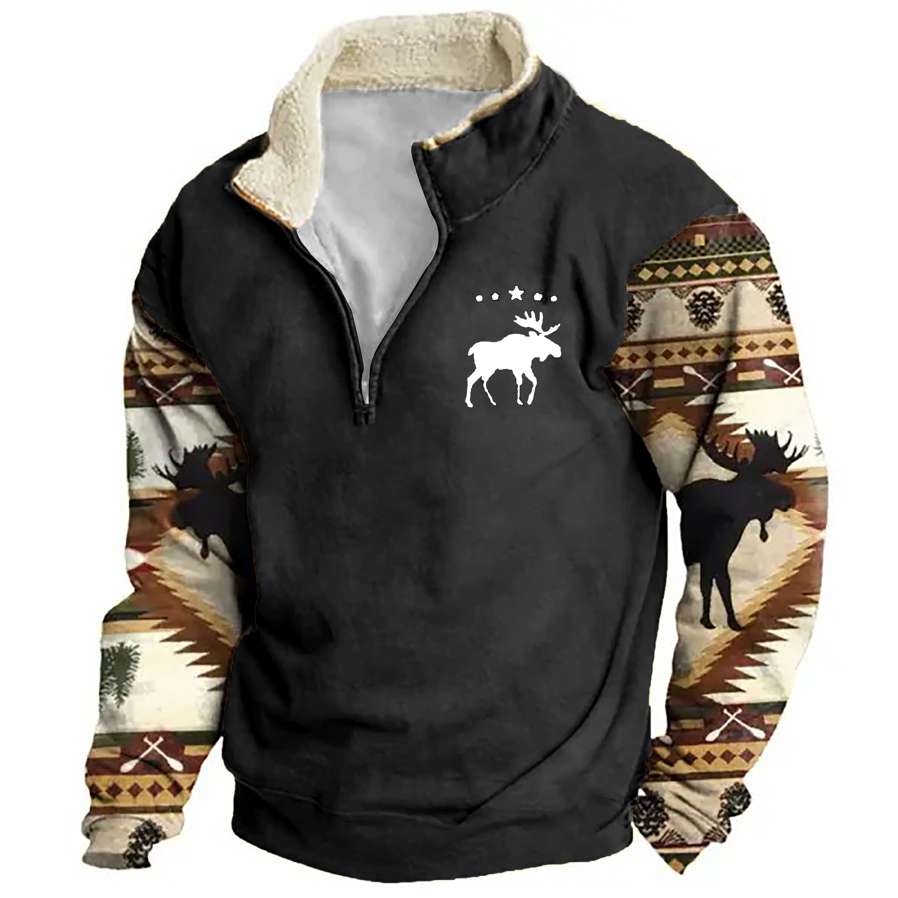 Herren Sweatshirt Retro Moose Creek Ethno Print Plüsch Halboffener Kragen Pullover