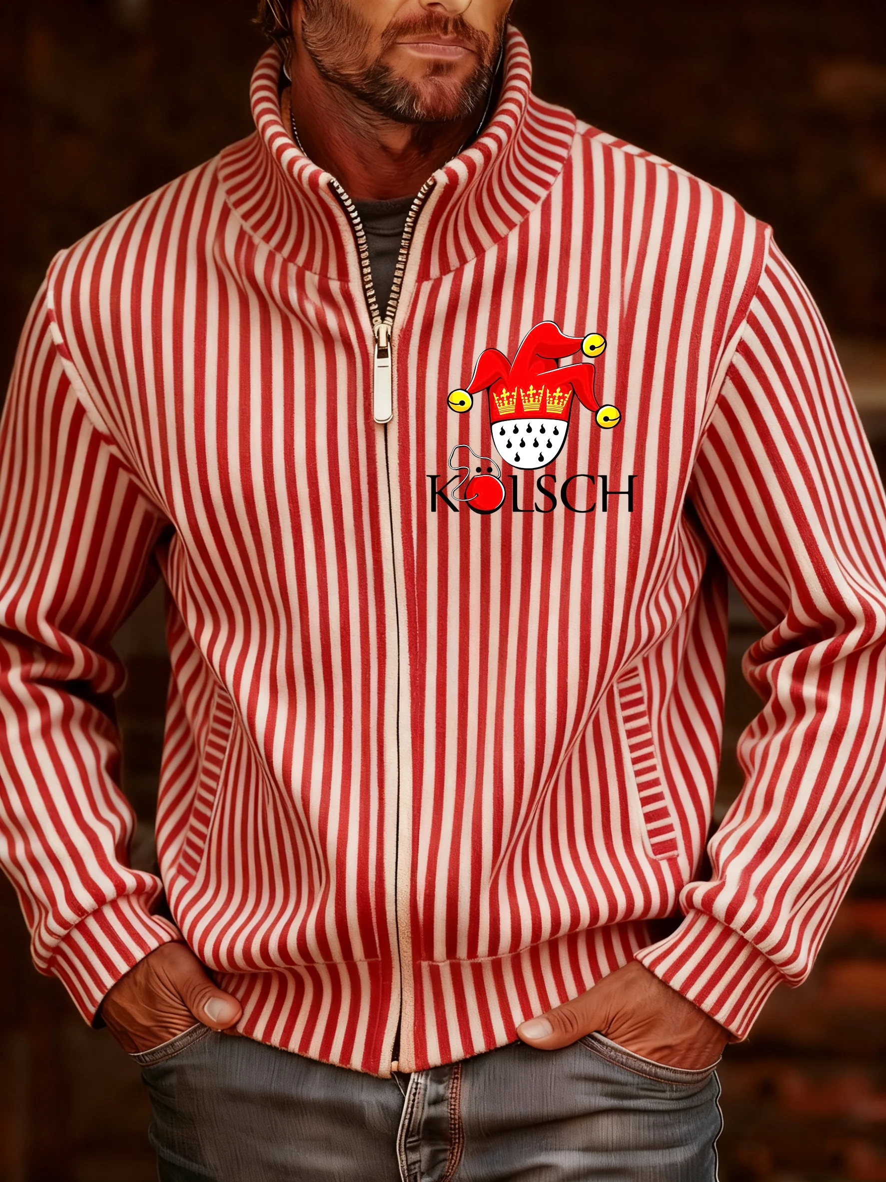 Herren-Strickjacke mit Kölner Karnevalsmuster, Jacquard-Decke, Reißverschluss, Komfortjacke