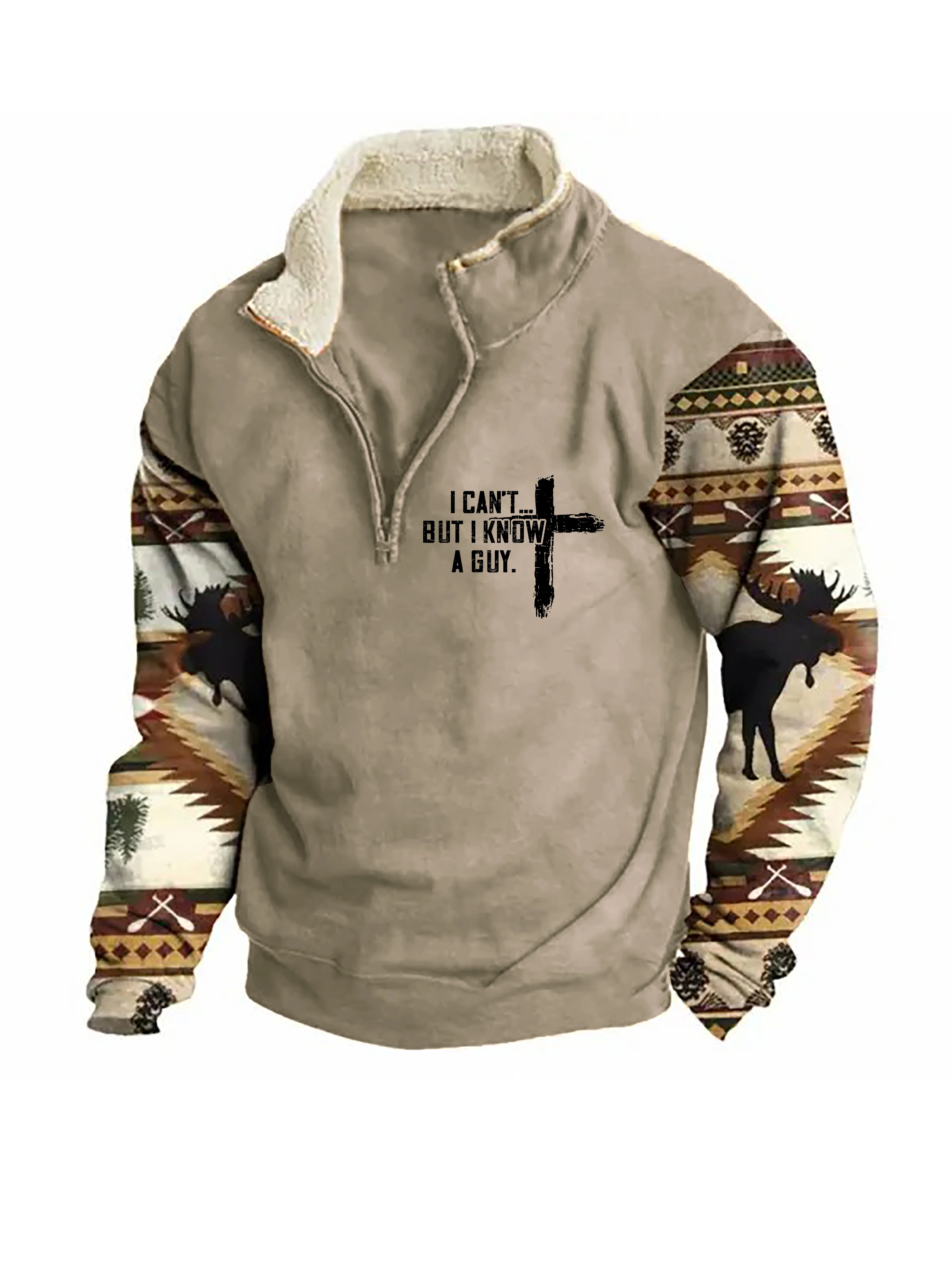 Sweatshirt mit Reißverschluss und Stehkragen „I Can't But I Know A Guy“ für Herren in Farbblock-Optik