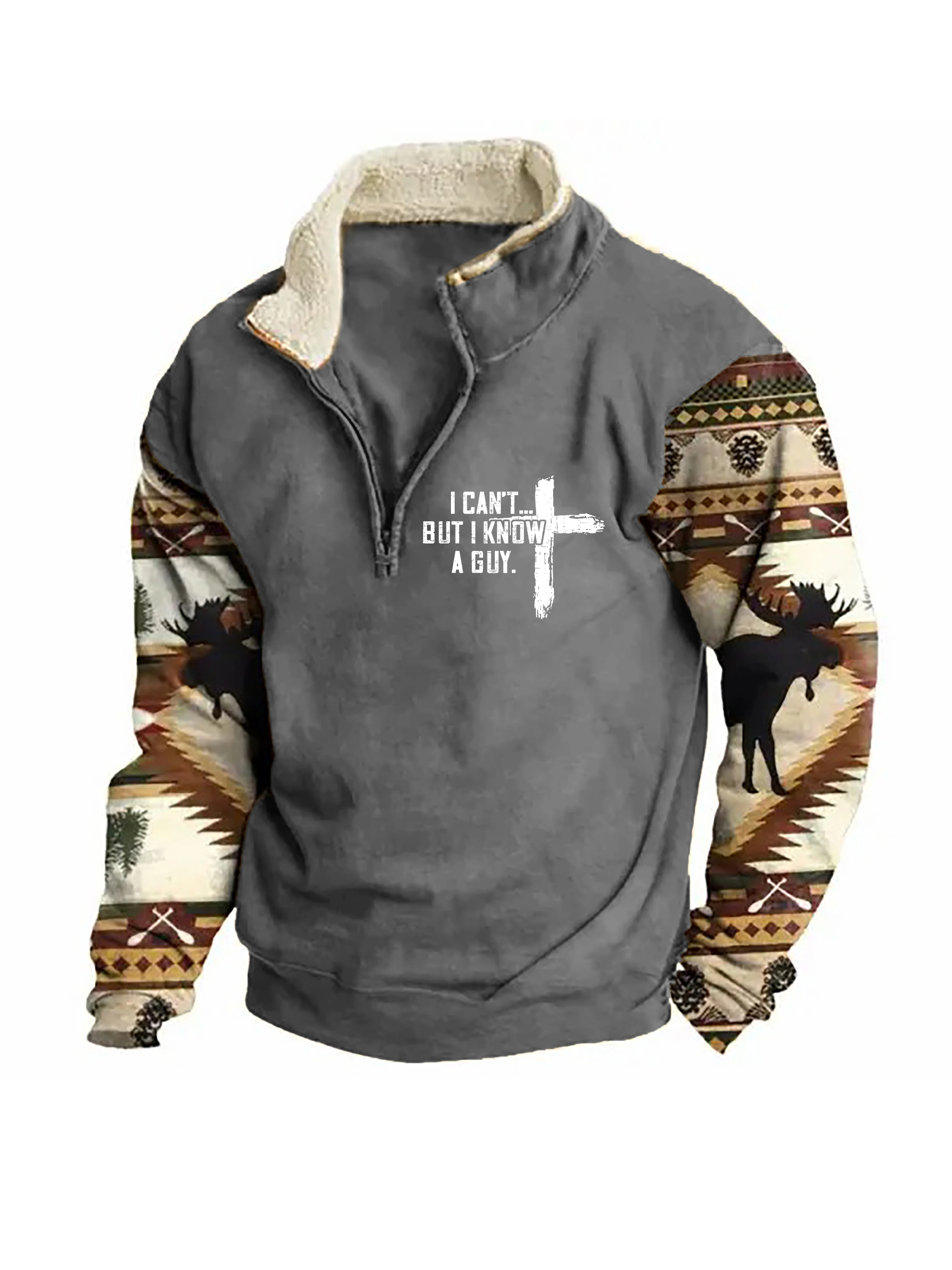 Sweatshirt mit Reißverschluss und Stehkragen „I Can't But I Know A Guy“ für Herren in Farbblock-Optik