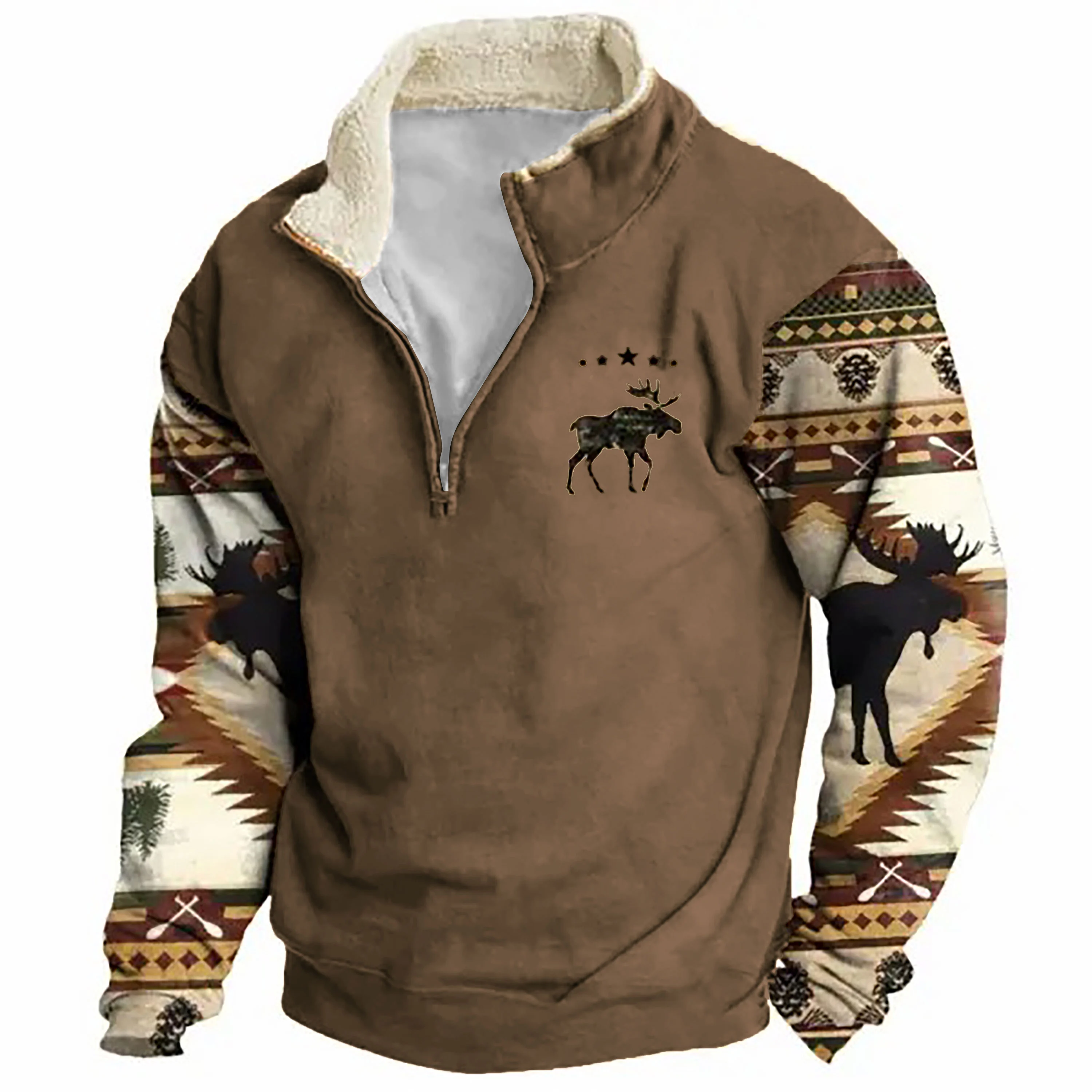Herren Sweatshirt Retro Moose Creek Ethno Print Plüsch Halboffener Kragen Pullover