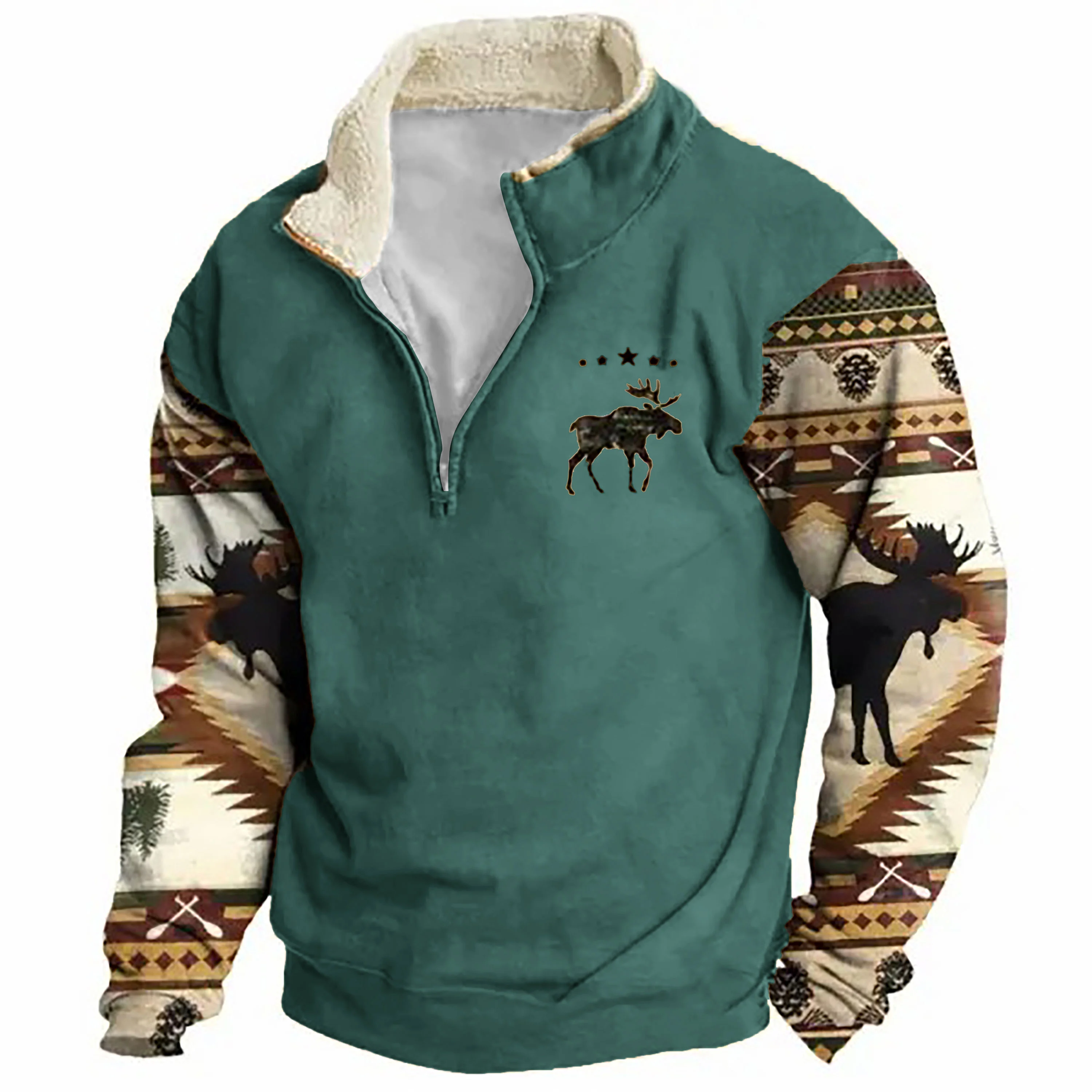 Herren Sweatshirt Retro Moose Creek Ethno Print Plüsch Halboffener Kragen Pullover