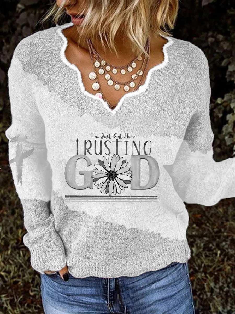 Damen-Top mit Aufdruck „Glaube, ich bin gerade da draußen und vertraue Gott“ mit Kreuzmuster