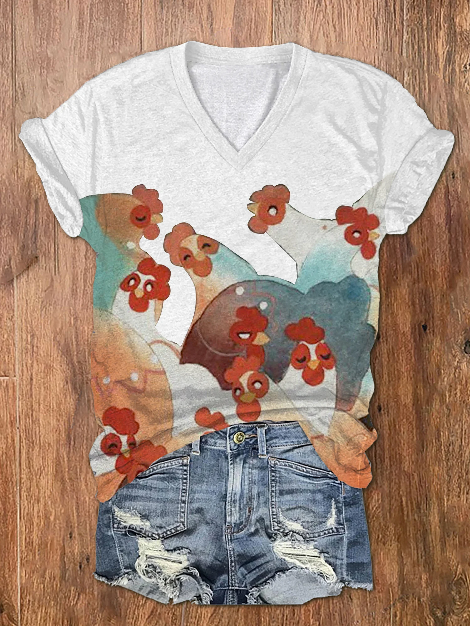 🔥Kaufen 3 Get 10% Aus🔥Damen T-Shirt mit V-Ausschnitt und Art Chicken-Print