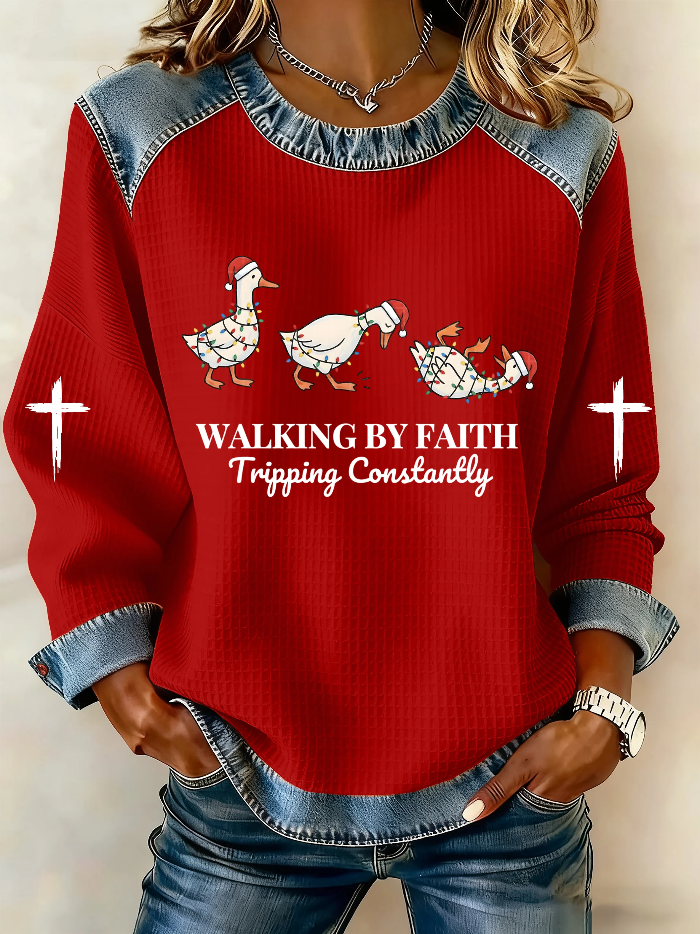 Women's Funny Christmas Goose Walking By Faith Tripping Constantly Print Casual Sweatshirt
