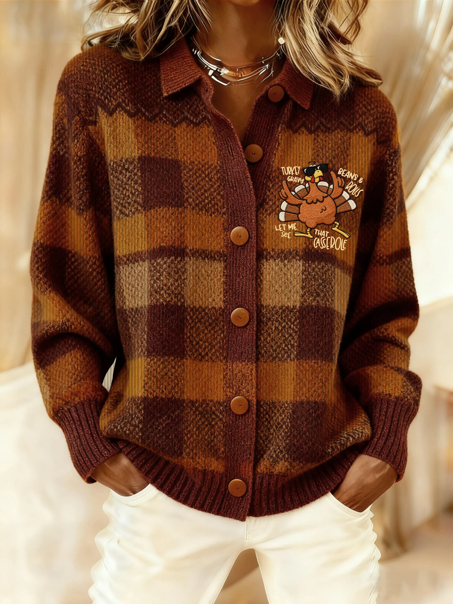 Women's Fall Thanksgiving Plaid Turkey Print Casual Knit Cardigan