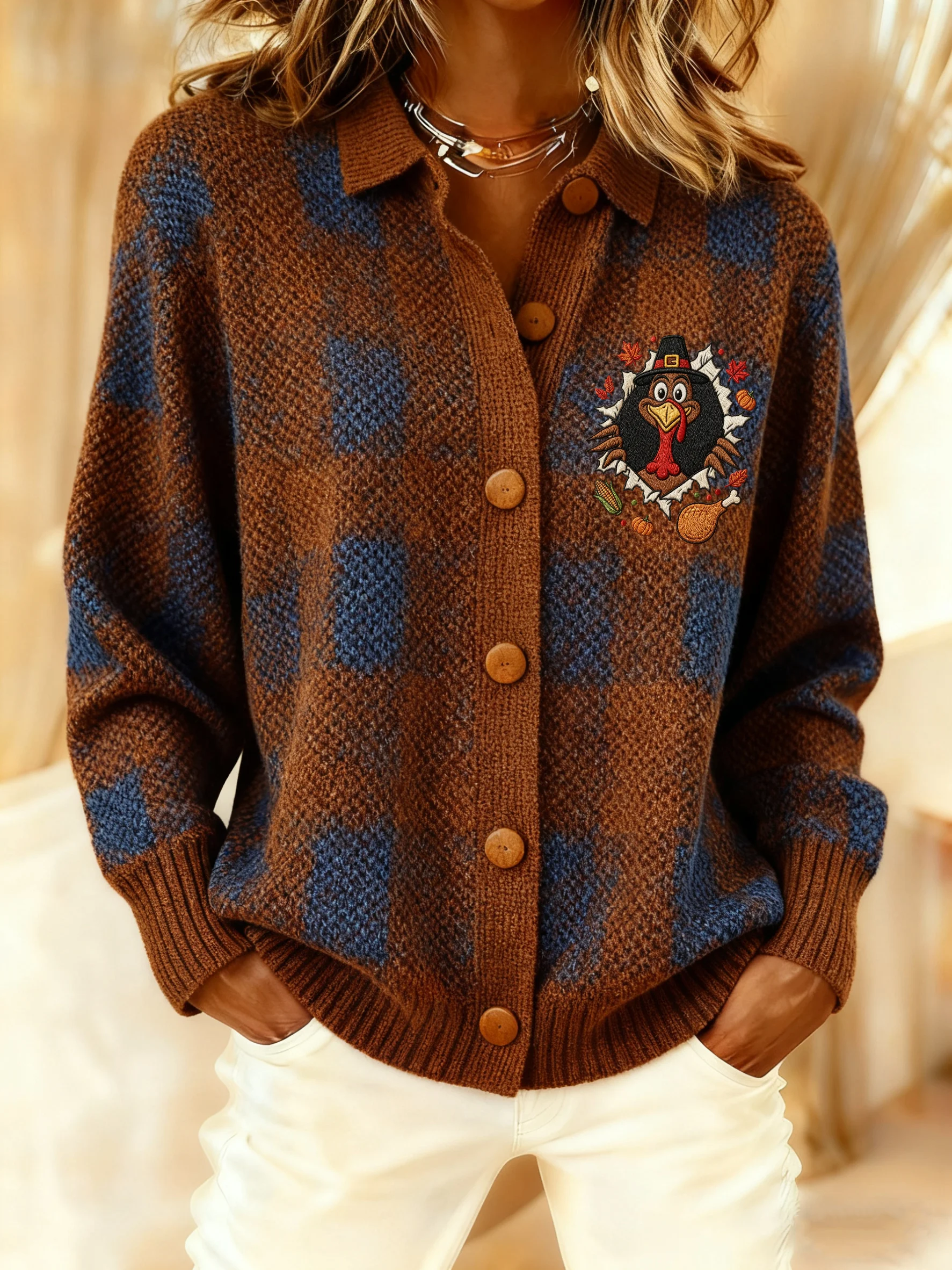 Women's Fall Thanksgiving Plaid Turkey Print Casual Knit Cardigan