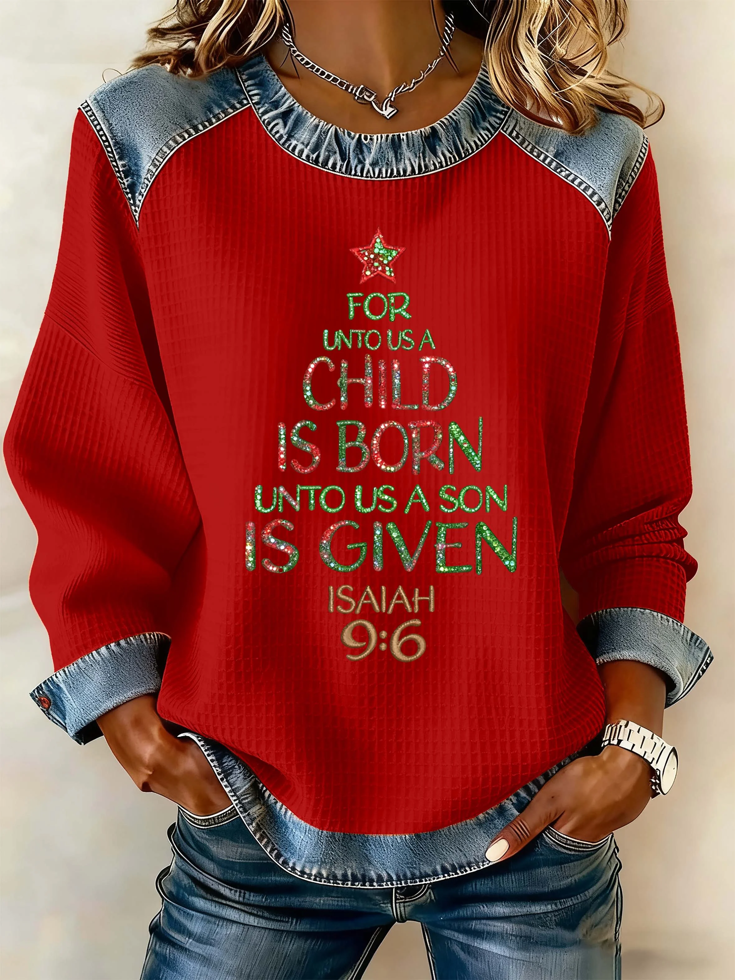 Women's For Unto Us A Child Is Born Unto Us A Son Is Given Print Casual Sweatshirt