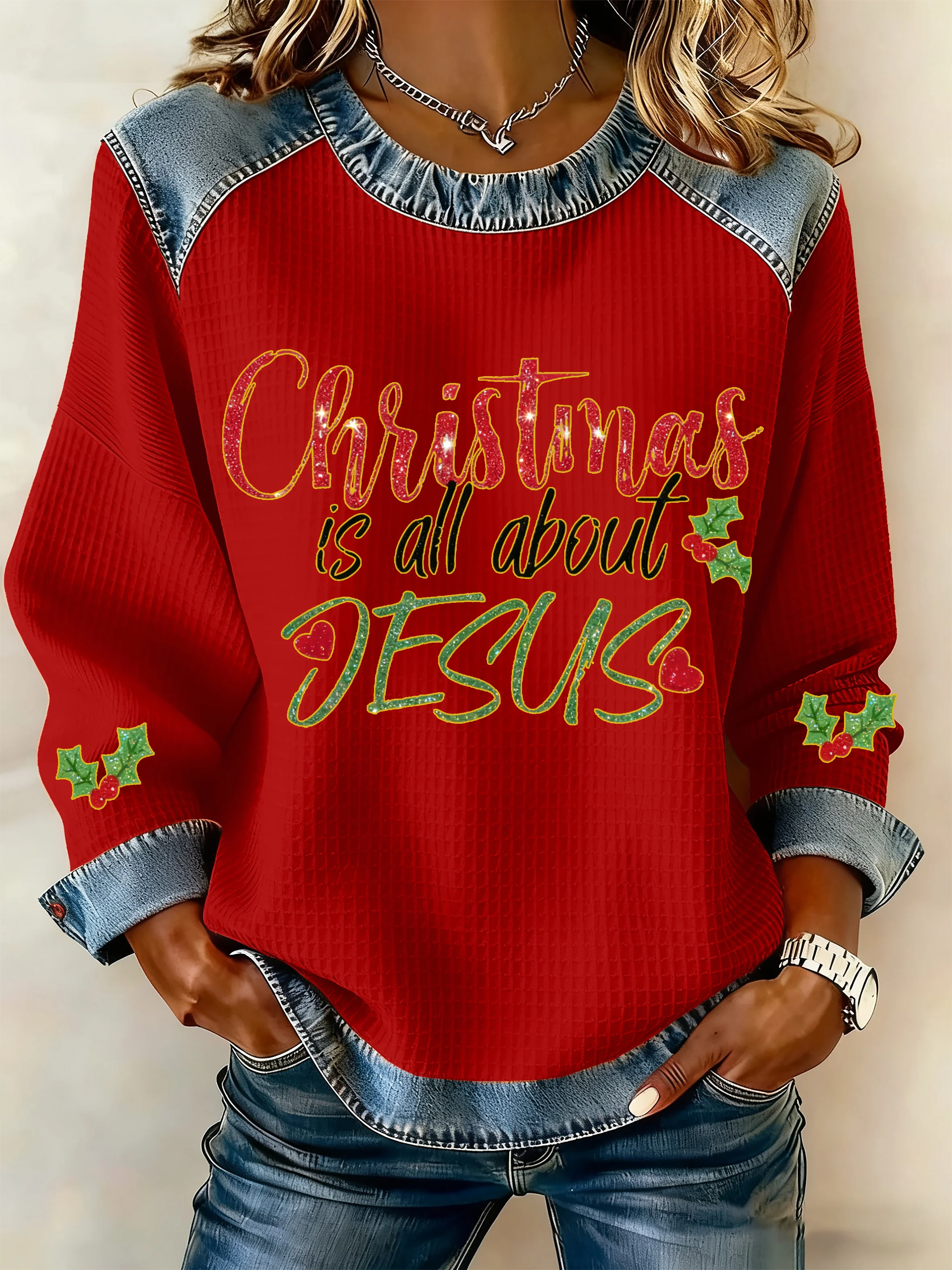 Everything about Christmas is related to Jesus. Women's waffle knit crew neck casual sweatshirt.