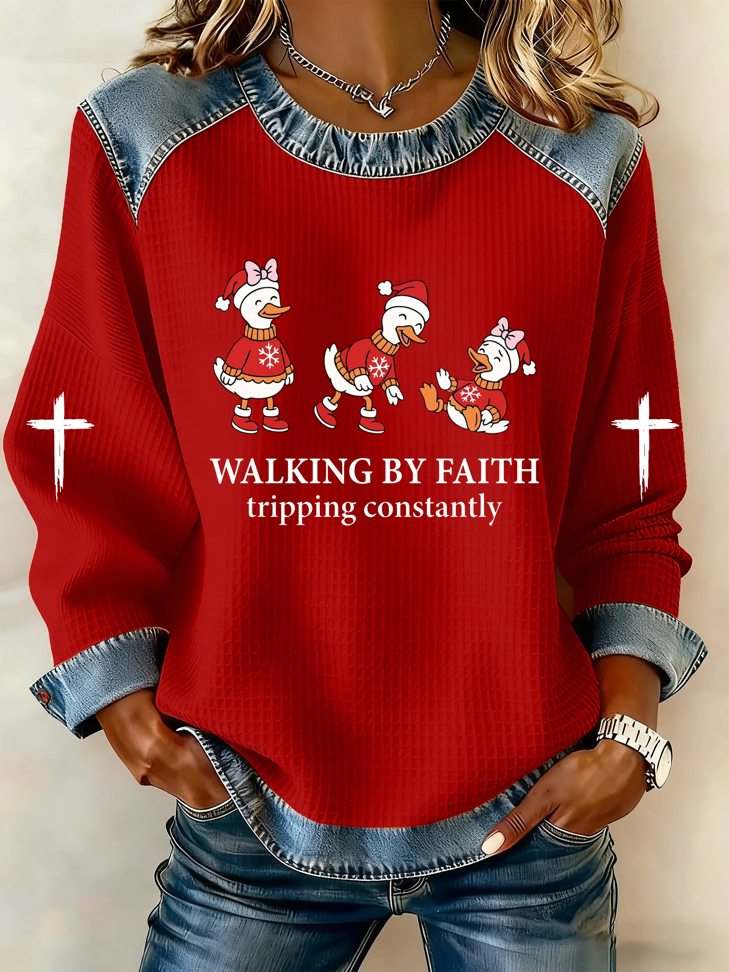 Women's Funny Christmas Goose Walking By Faith Tripping Constantly Print Casual Sweatshirt