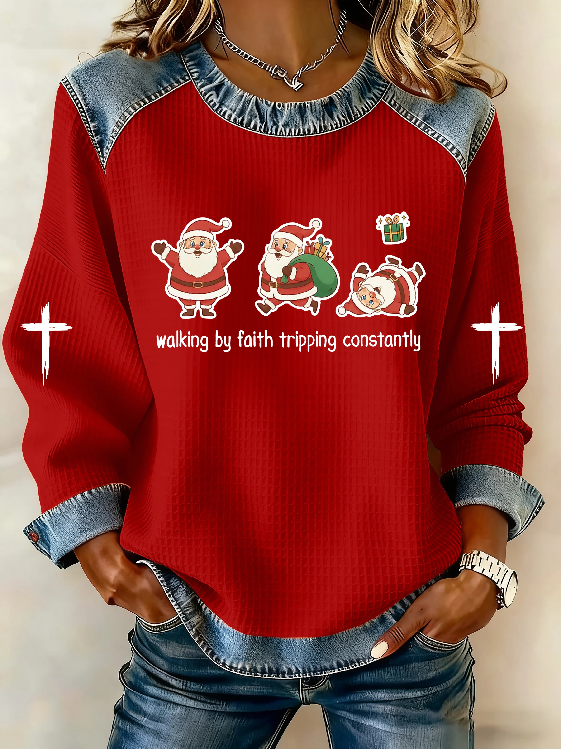 Women's Funny Christmas Goose Walking By Faith Tripping Constantly Print Casual Sweatshirt