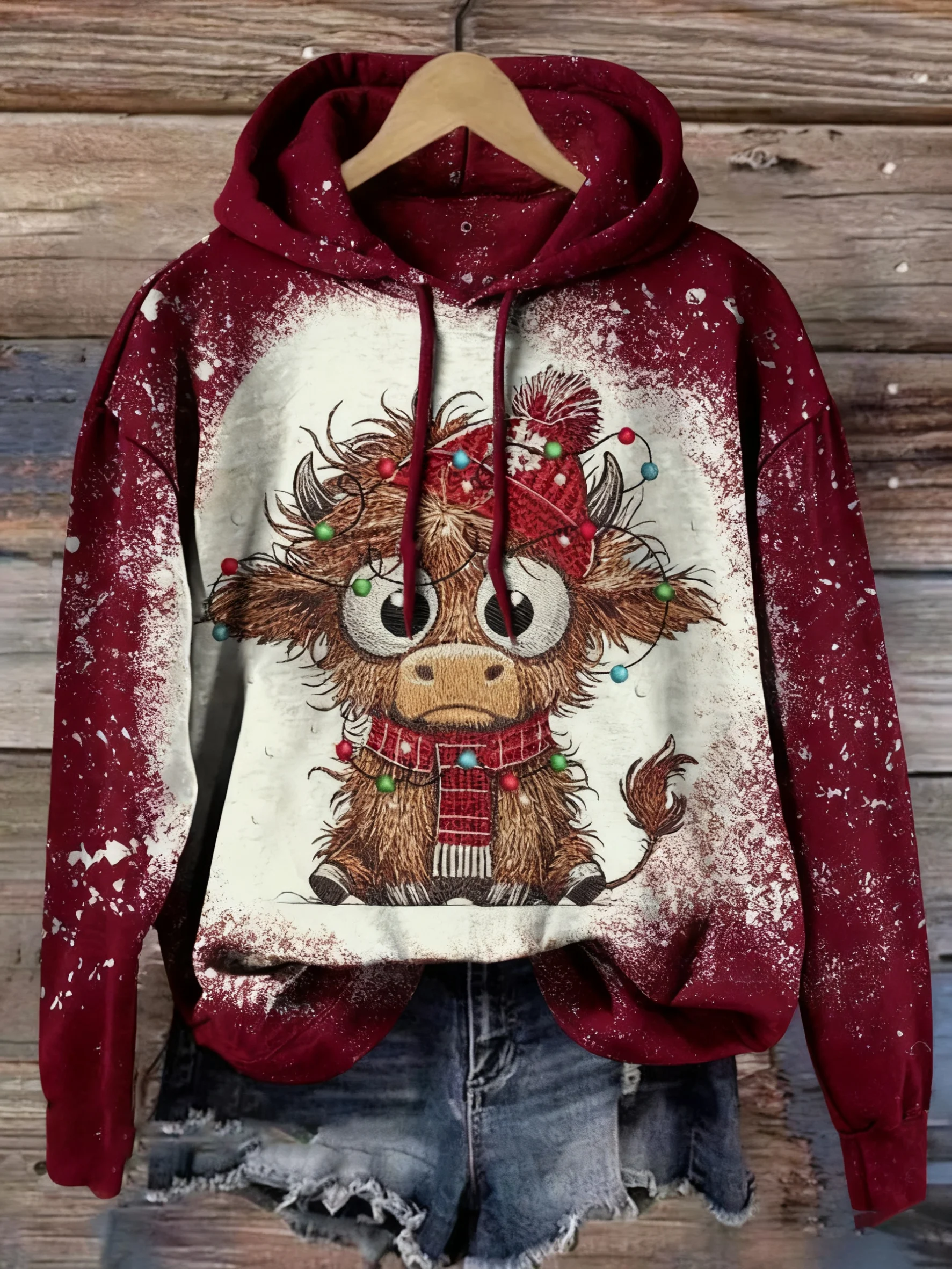 Women's Casual Retro Christmas Cute Highland Cow Hoodie