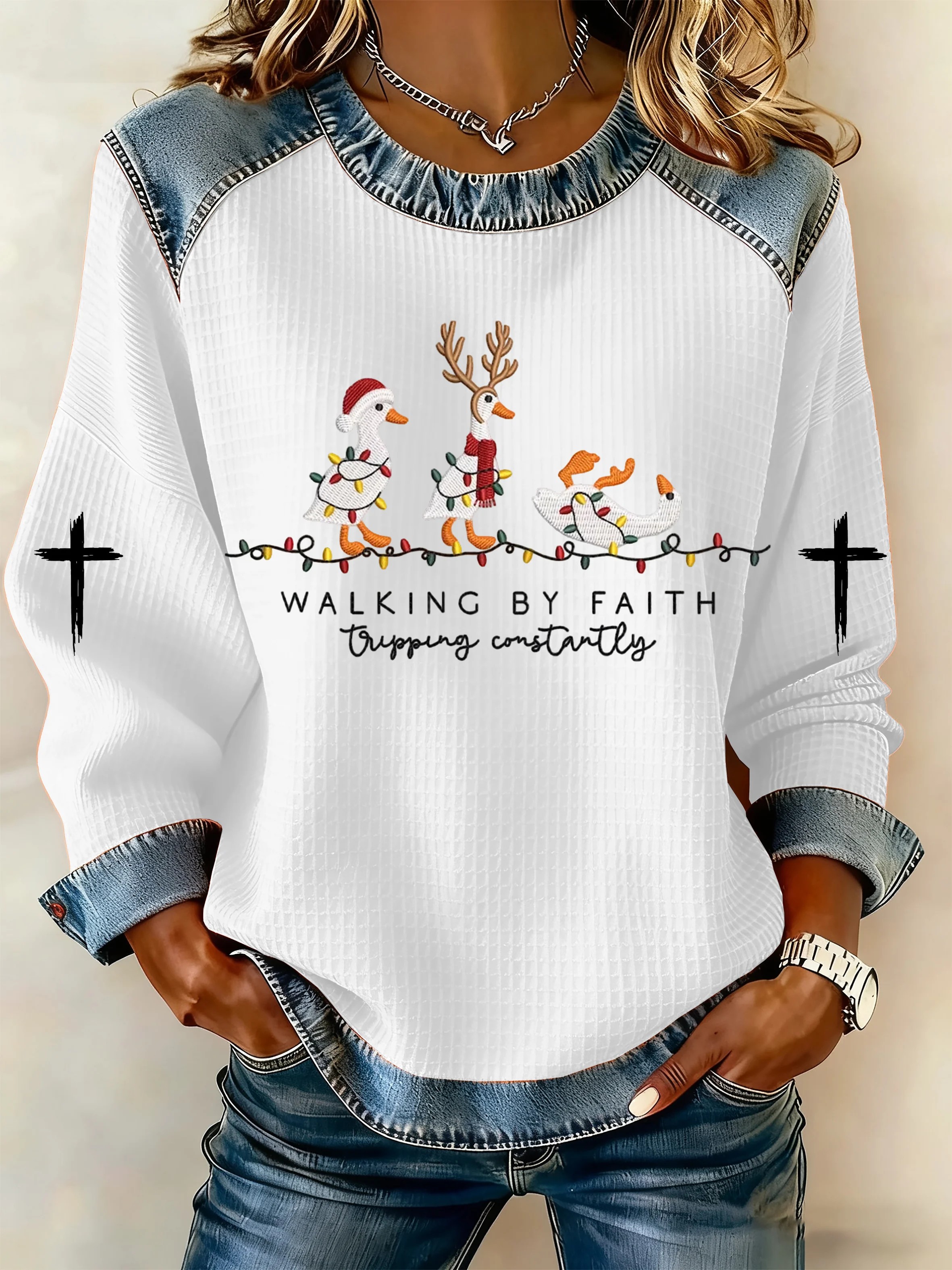 Women's Funny Christmas Goose Walking By Faith Tripping Constantly Print Casual Sweatshirt