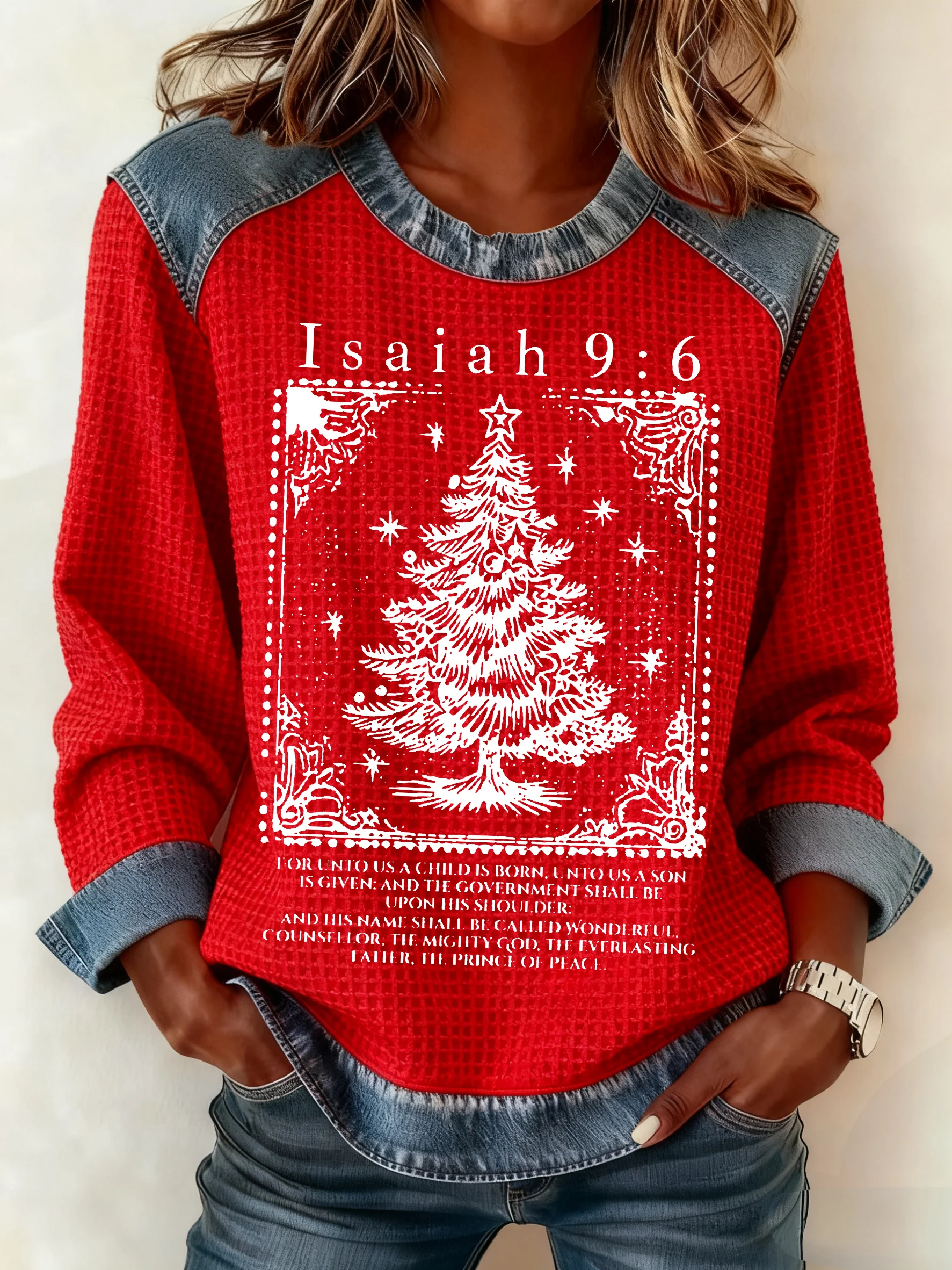 Women's Winter Retro Christmas Tree Faith Print Crew Neck Top