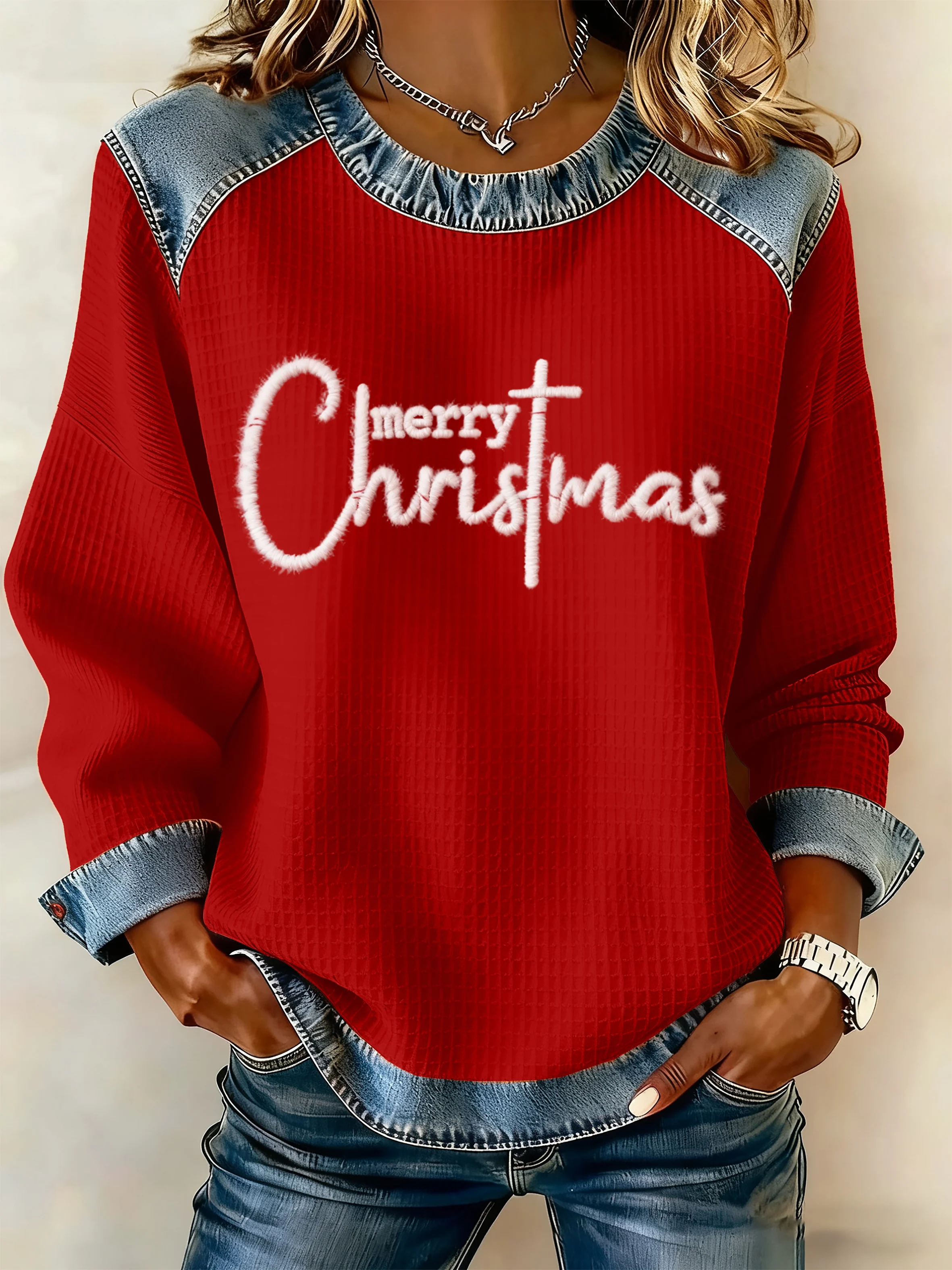 Women's Christmas Waffle Crew Neck Casual Sweatshirt