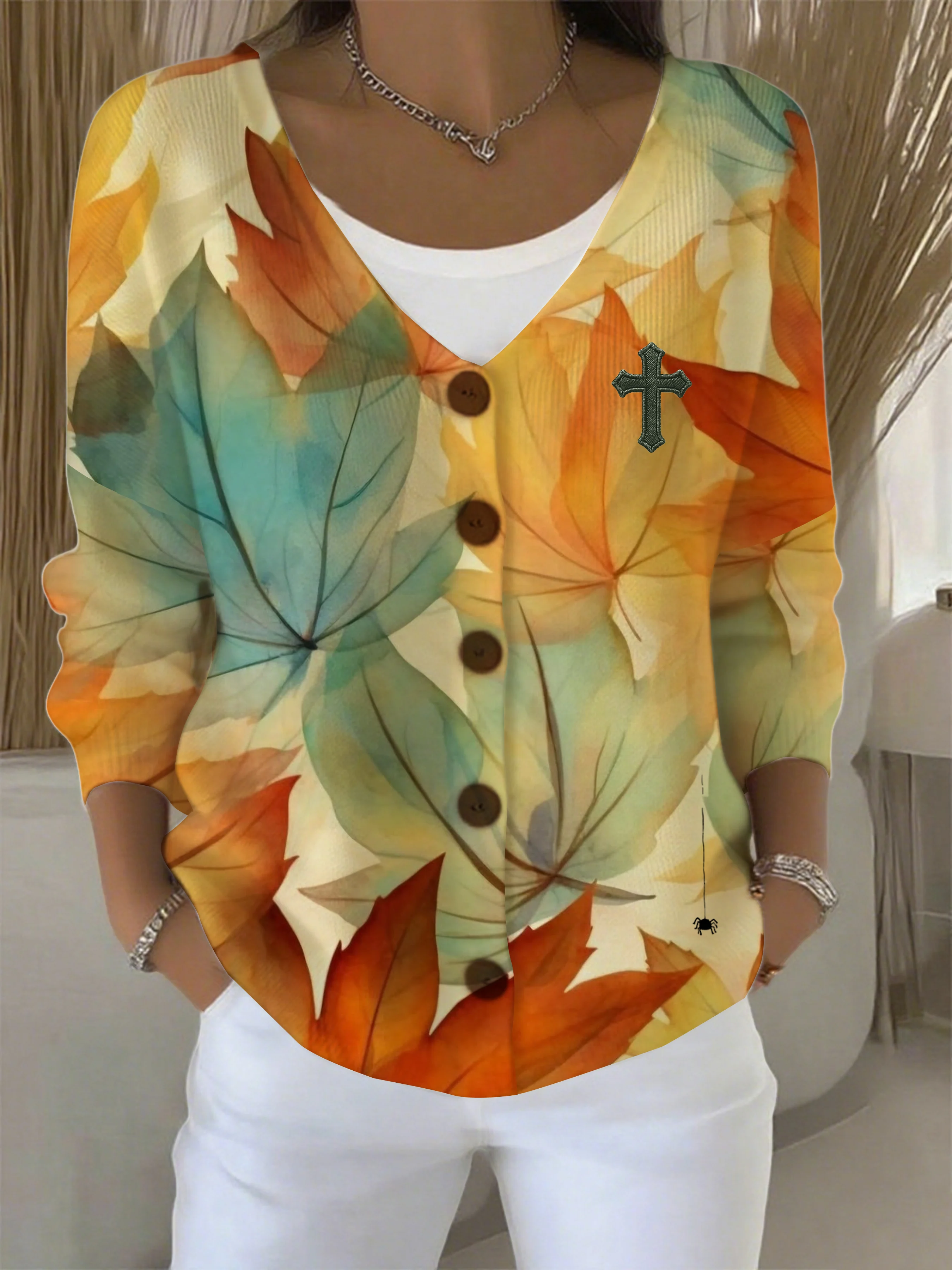 Women's Autumn Gradient Autumn Leaves Casual Cardigan