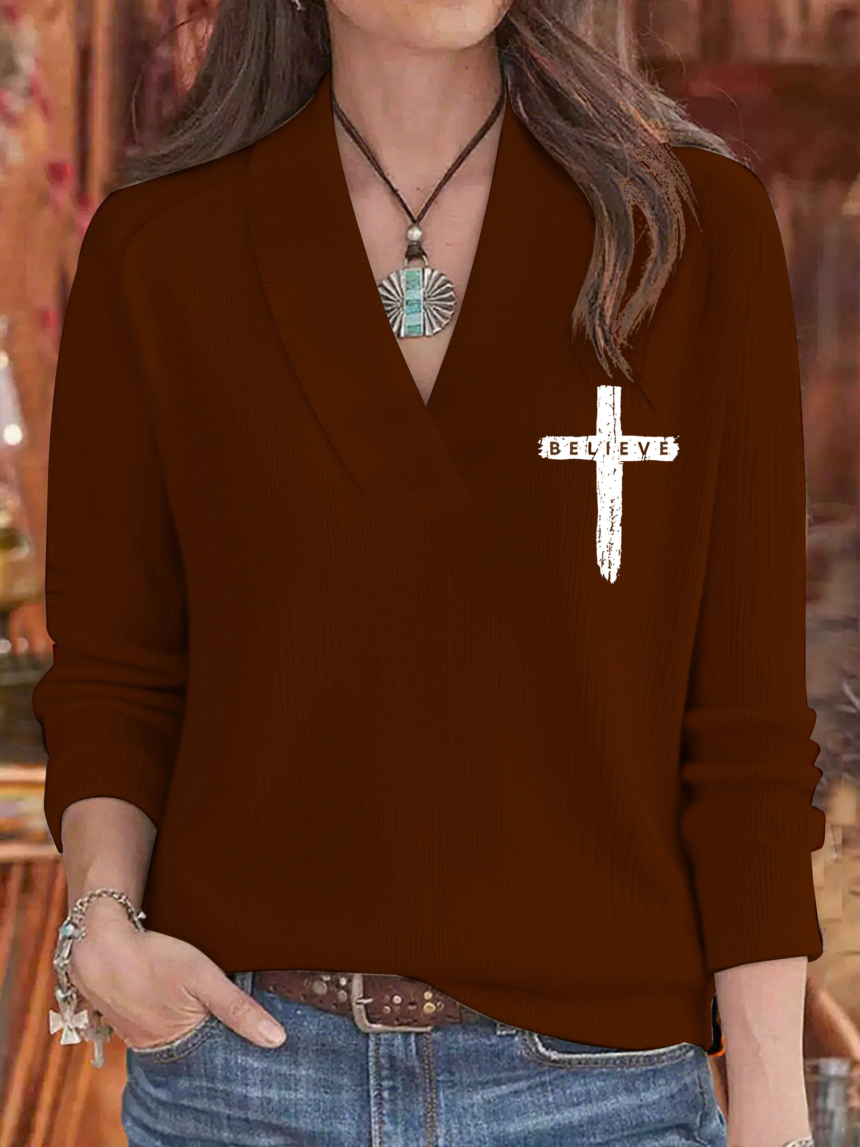 Women's Autumn V-Neck Faith Cross Printed Casual Top