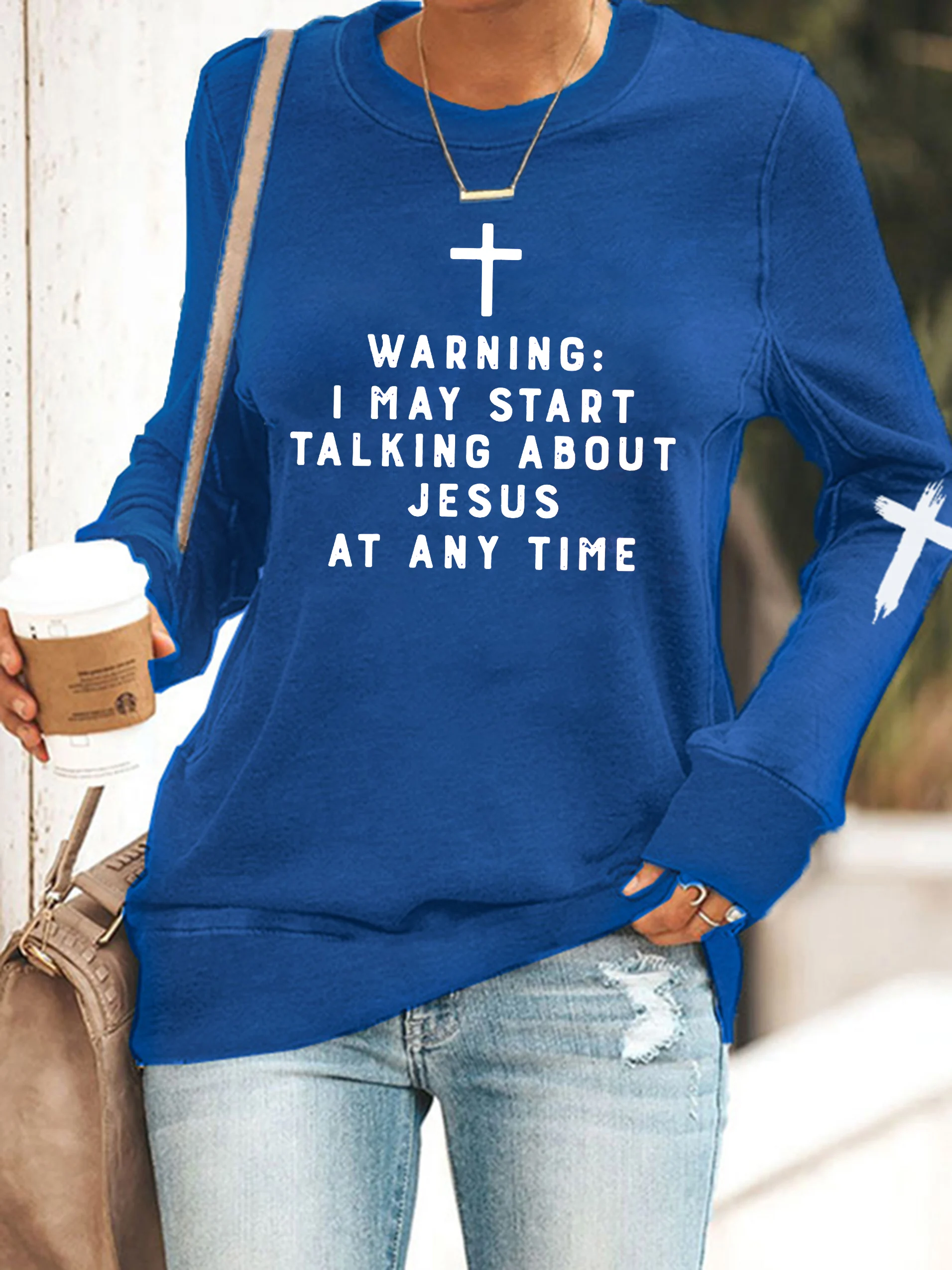 Women's Warning I May Start Talking About Jesus at Anytime Cross Print Sweatshirt