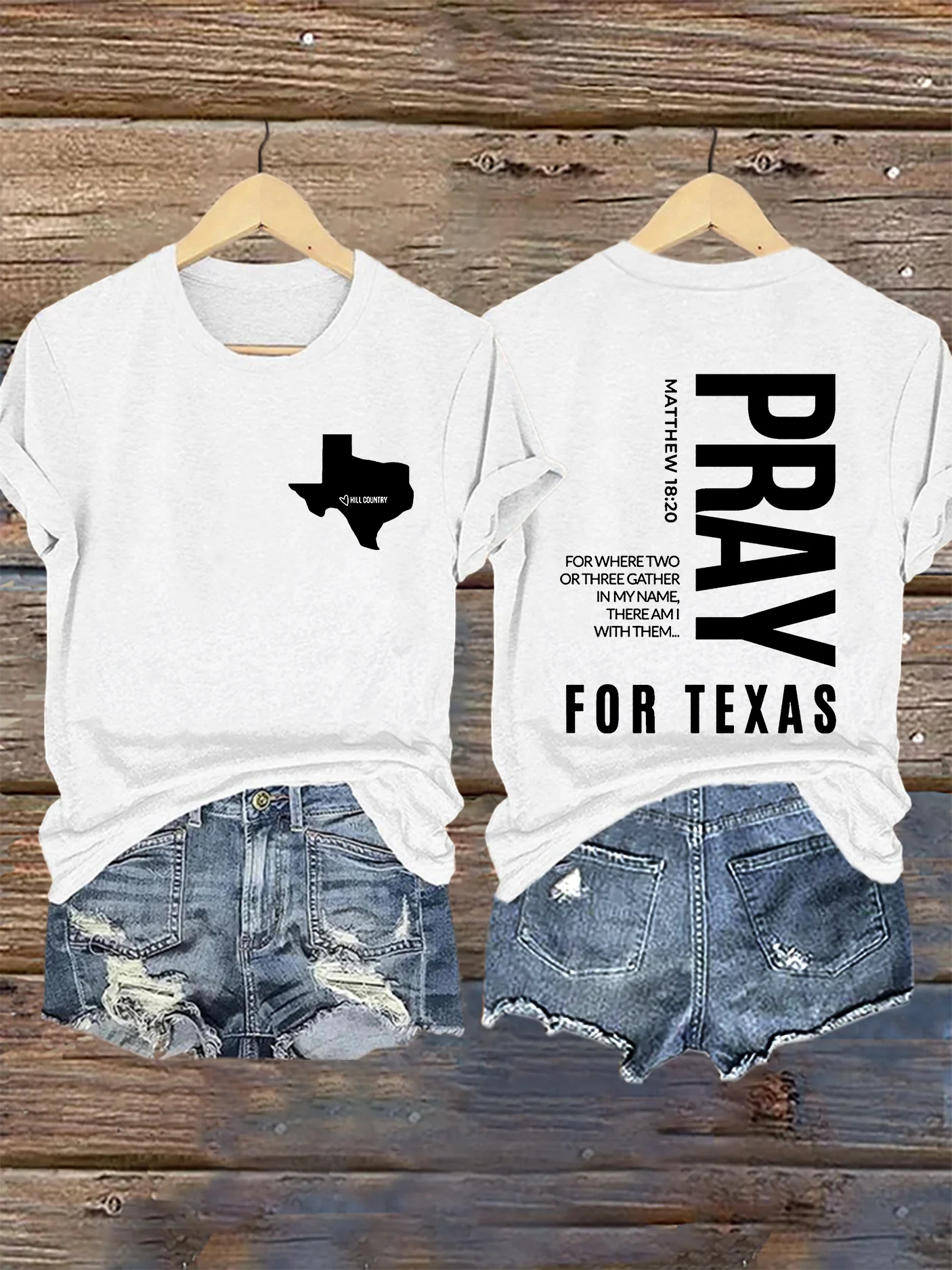 Retro Hill Country Strong Matthew 18:20 Pray For Texas  For Where Two Or Three Gather In My Name, There Am I With Them Print T-Shirt