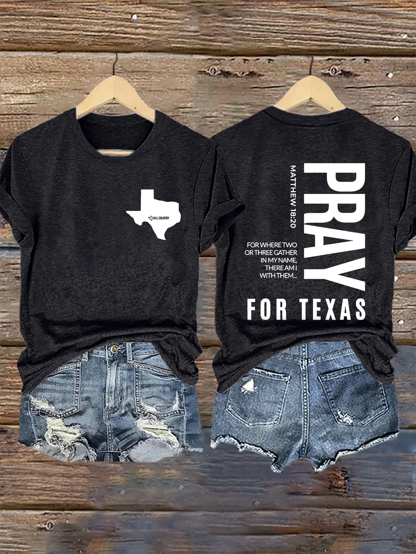 Retro Hill Country Strong Matthew 18:20 Pray For Texas  For Where Two Or Three Gather In My Name, There Am I With Them Print T-Shirt