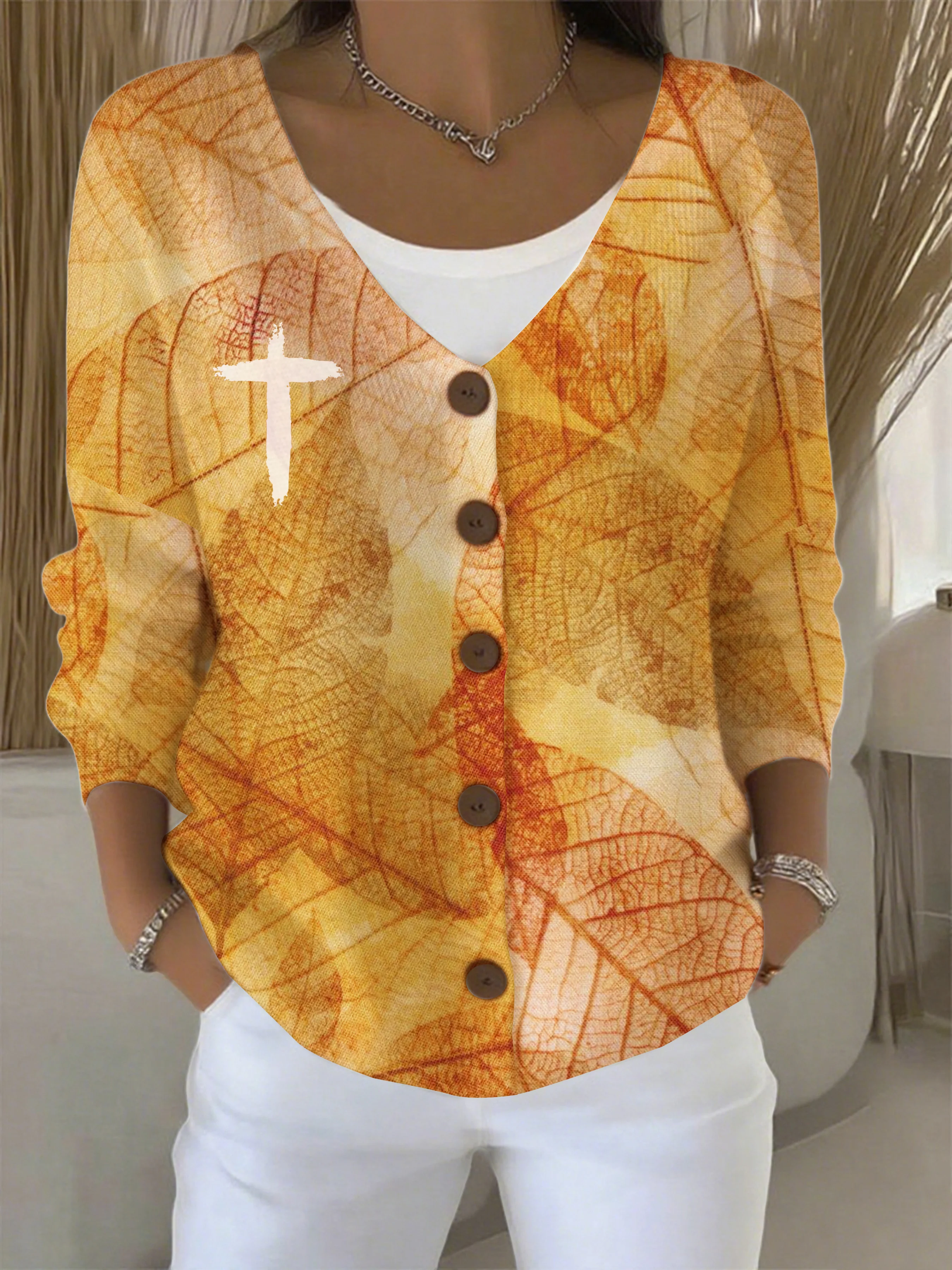 Women's Autumn Cross Leaf Textured Print Casual Cardigan