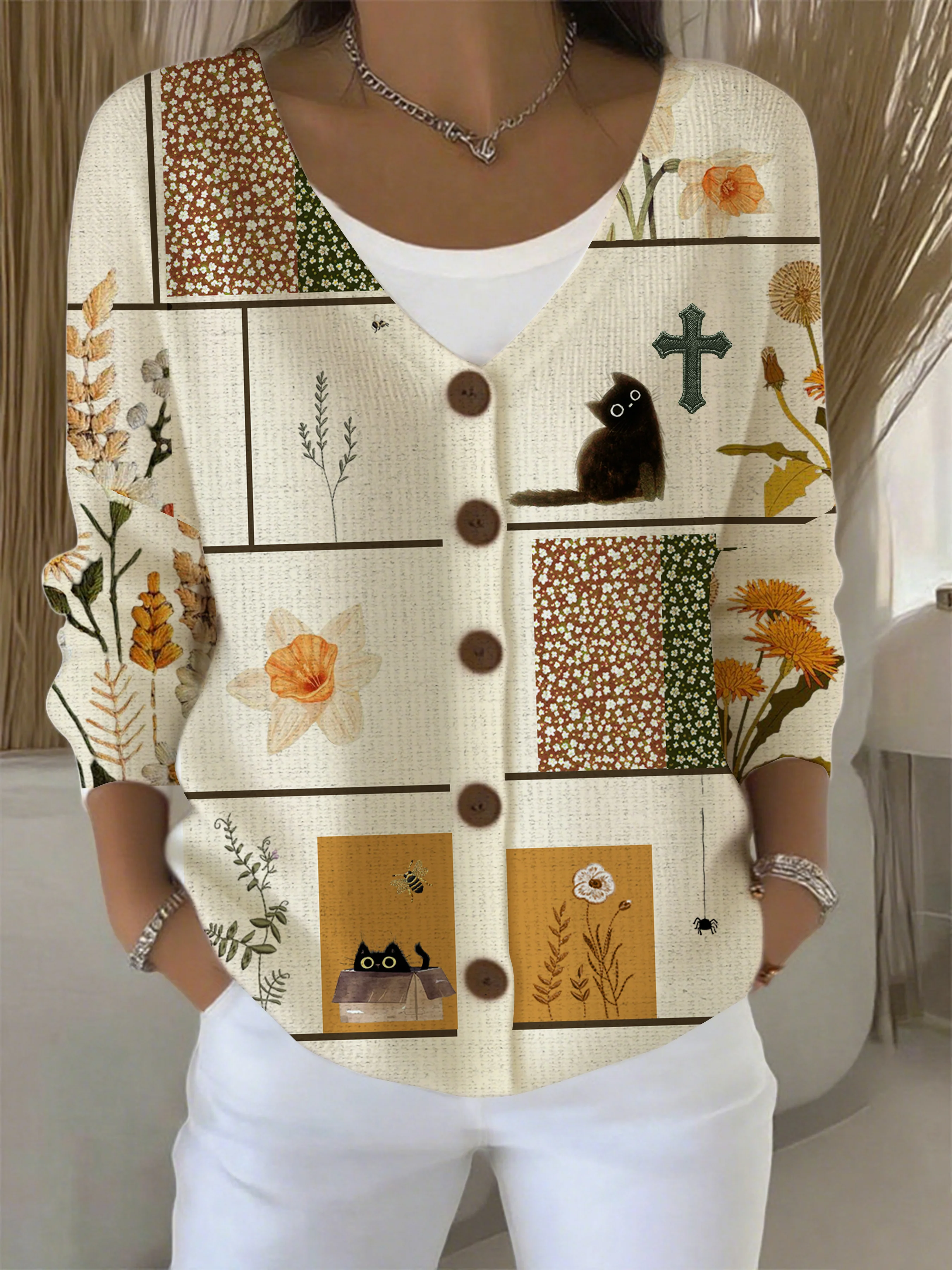 Women's Autumn Funny Kitten Floral Casual Cardigan