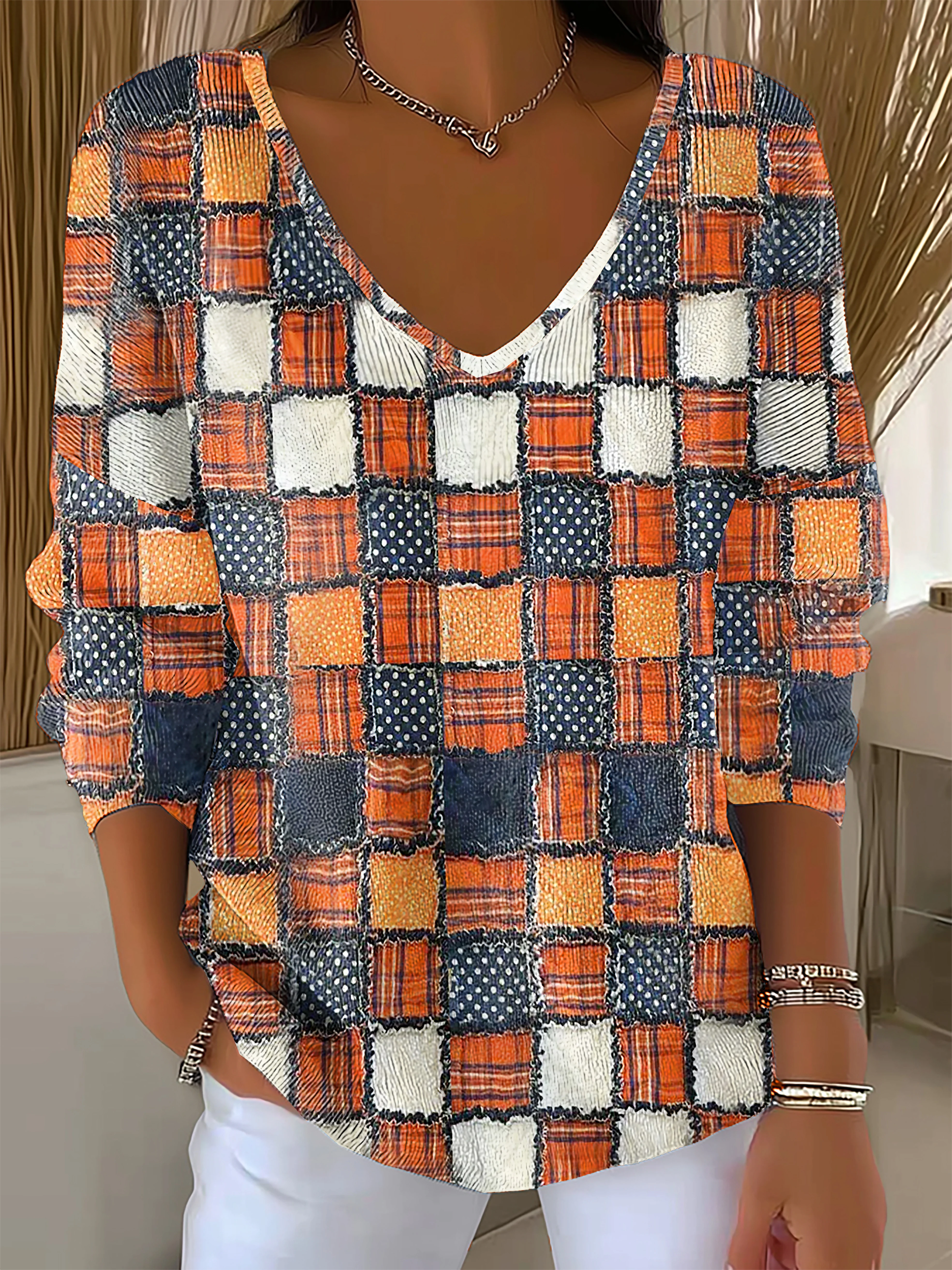 Women's Autumn Colorblock Printed Casual Striped Fabric Long Sleeve T-shirt