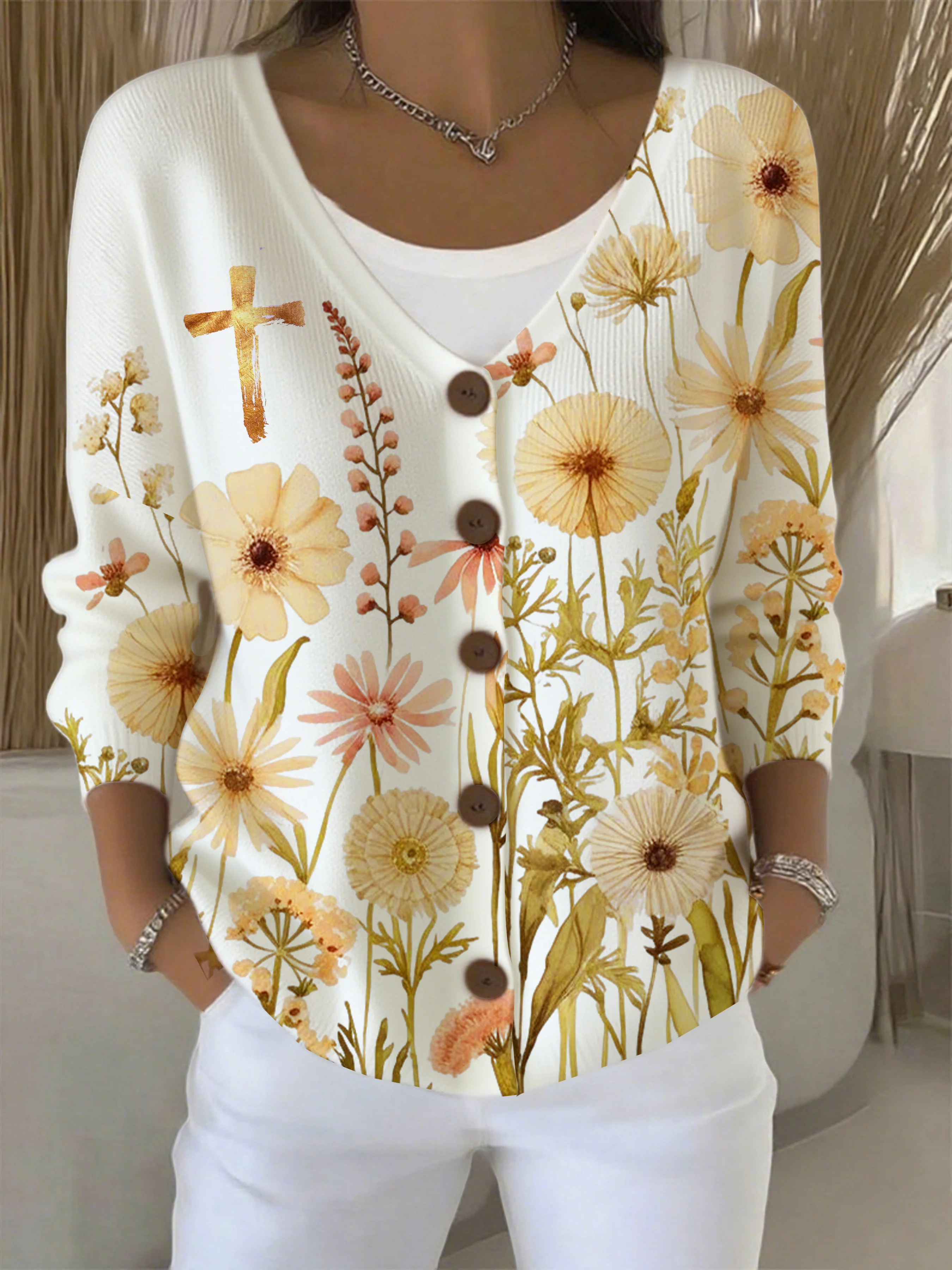 Women's Autumn Floral Cross Print Casual Cardigan