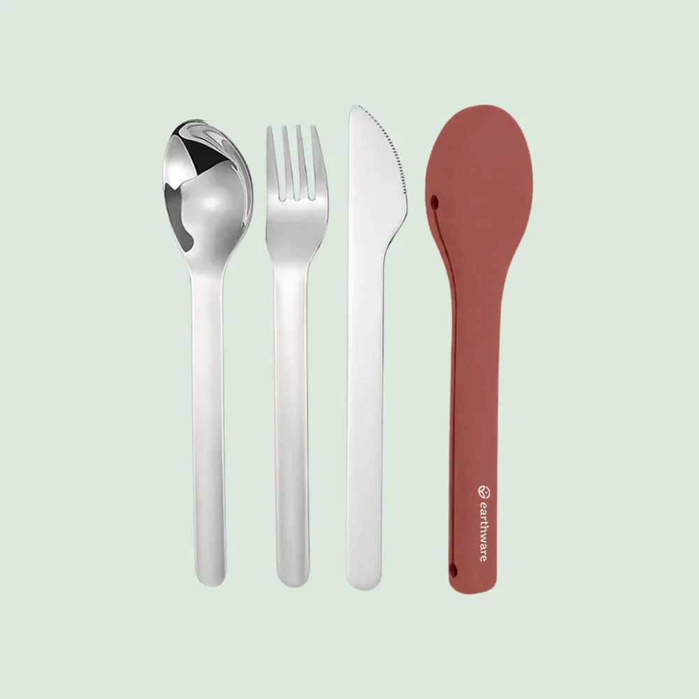 Stainless Steel 3 Piece Reusable Cutlery Set with Protective Silicone Sleeve - Terracotta
