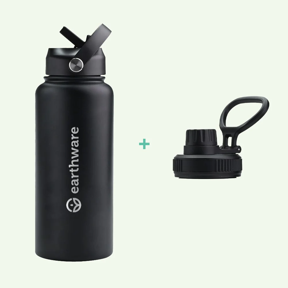 Earth Bottle Premium Insulated Water Bottle with 2 x Caps - Black (1L)