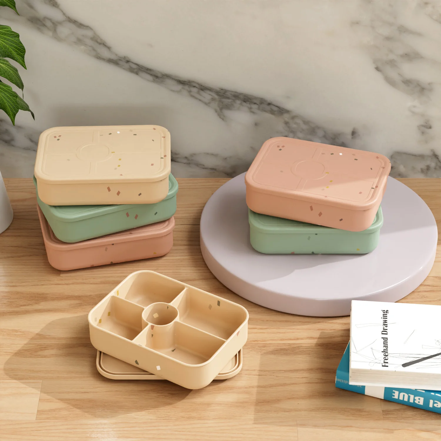 No-Tox Silicone Bento Lunch Box - 5 Compartments - Confetti Beige (1.2L)