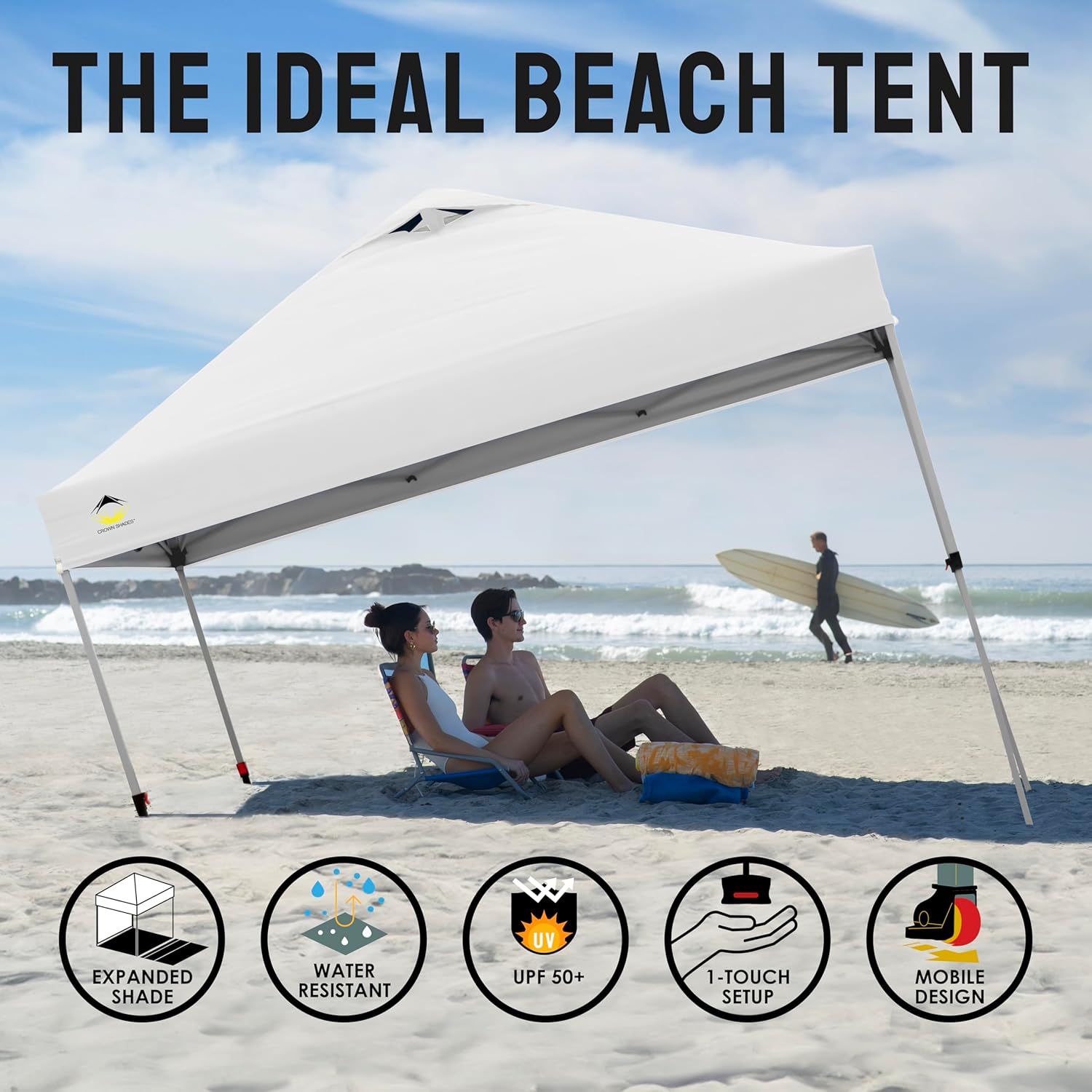 CROWN SHADES 10x10 Pop Up Canopy - Beach Tent with One Push Setup - Easy Outdoor Sun Shade for Events, Parties, Camping - Gazebo with STO-N-Go Cover Bag, Silver Coated Top, Black
