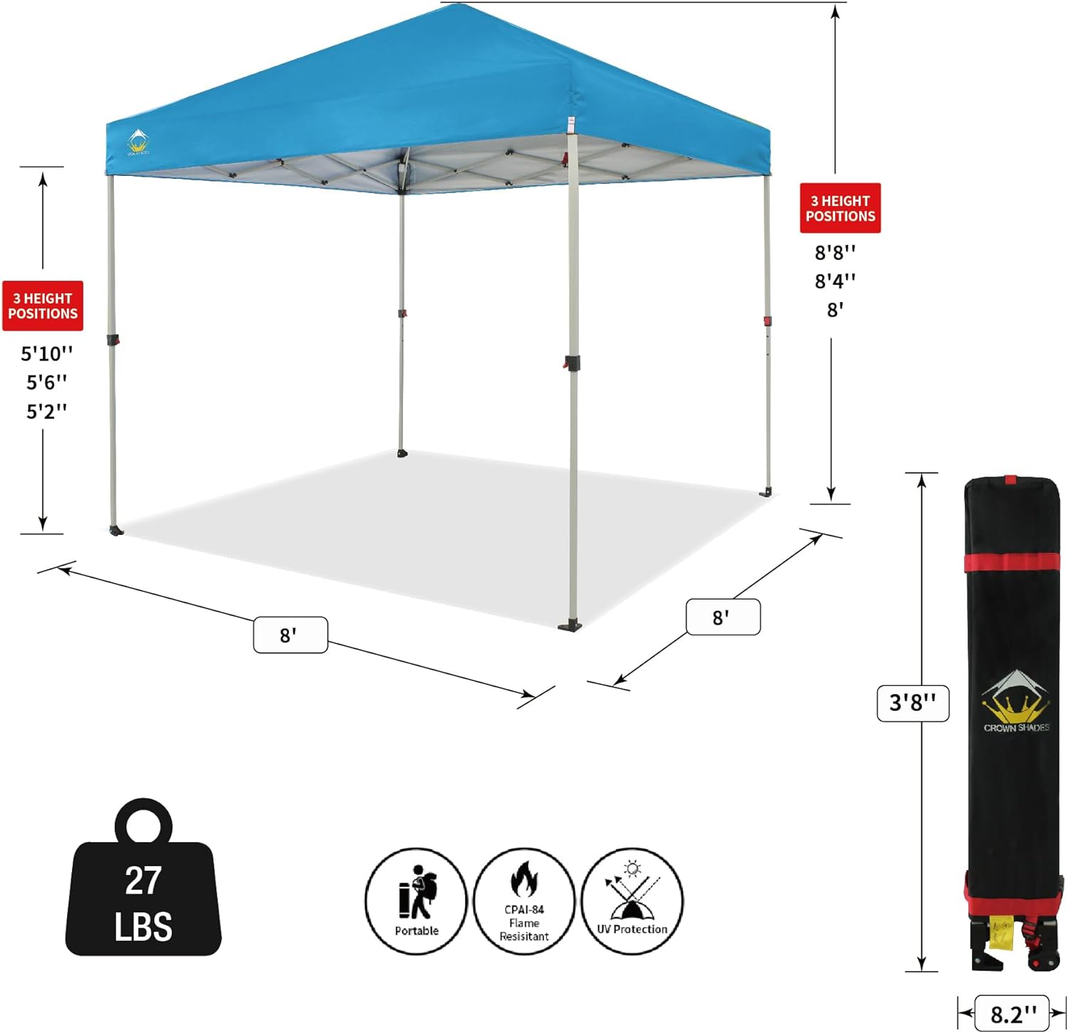 CROWN SHADES 10x10 Pop Up Canopy - Beach Tent with One Push Setup - Easy Outdoor Sun Shade for Events, Parties, Camping - Gazebo with STO-N-Go Cover Bag, Silver Coated Top, Black
