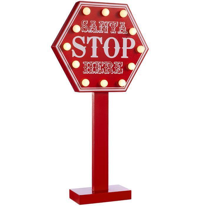 Pre-lit Santa Stop Here Sign - Red